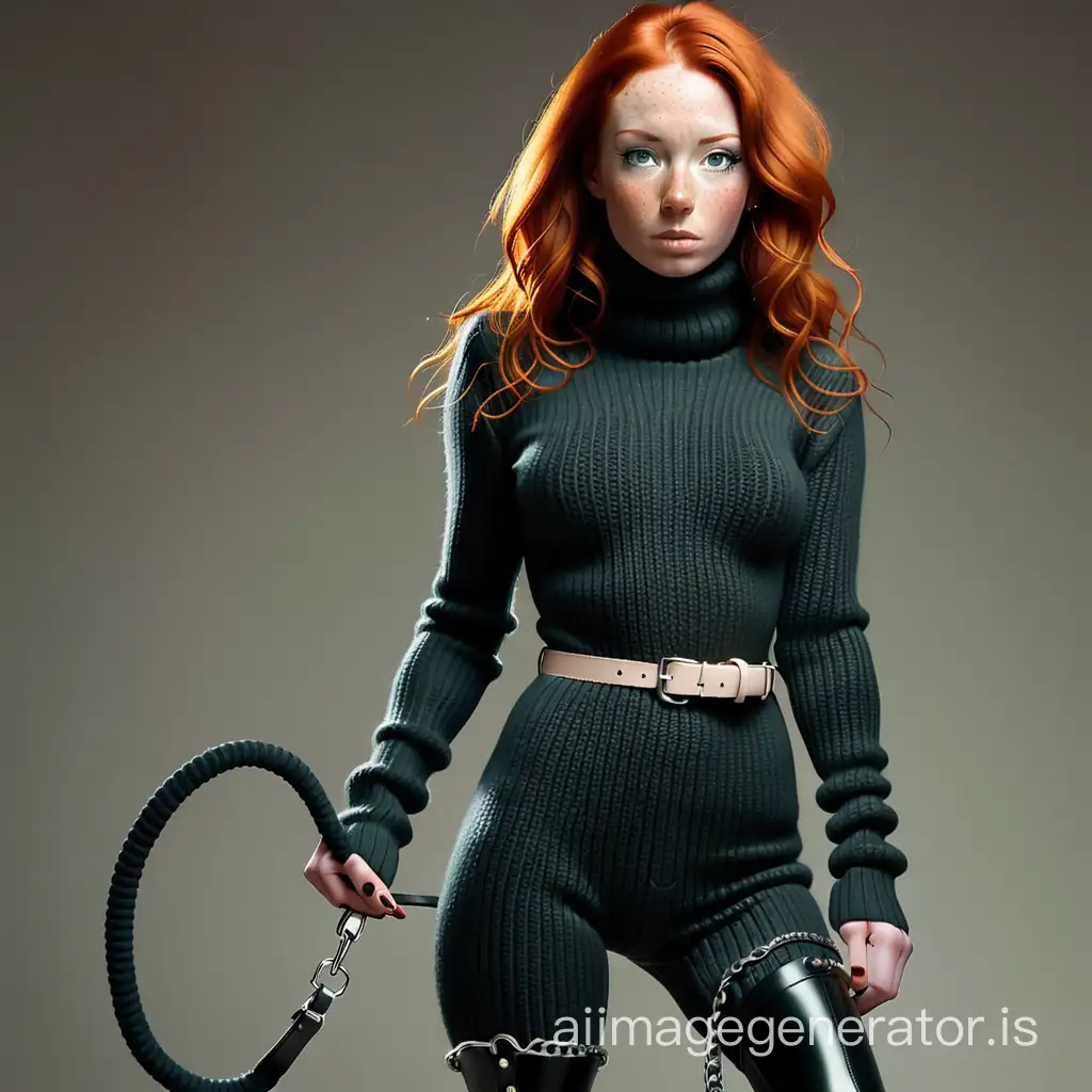 Freckled Redhead Woman in Knitted Catsuit with Leash and Latex Boots | AI  Image Generator