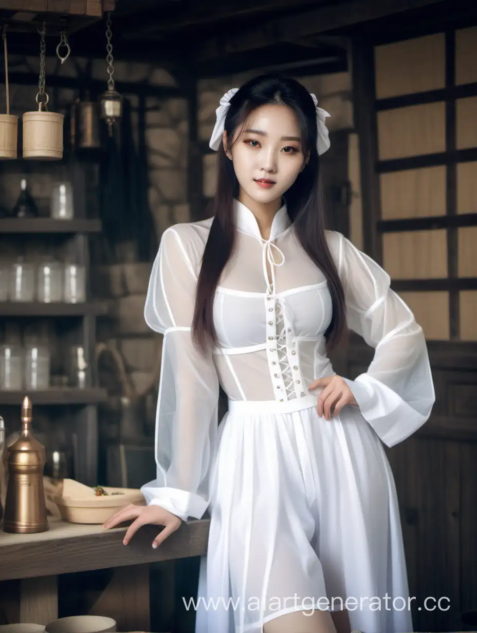 Korean girl in sheer white medieval tavern outfit