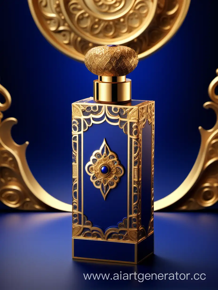 Box package design of perfume TAJDAR product, elegant, trending on artstation,   sharp focus,   studio photo,   intricate details,   highly detailed,   gold, Royal Blue and beige color on gold background