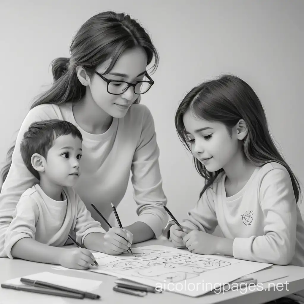 Children with female tutor learning, Coloring Page, black and white, line art, white background, Simplicity, Ample White Space. The background of the coloring page is plain white to make it easy for young children to color within the lines. The outlines of all the subjects are easy to distinguish, making it simple for kids to color without too much difficulty