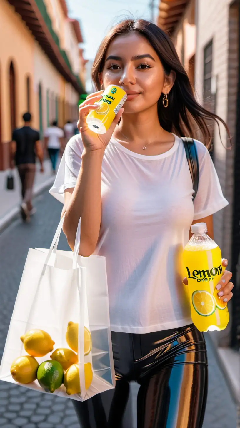 Mexican Woman Enjoying Lemon Energy Drink Amid Urban Bustle