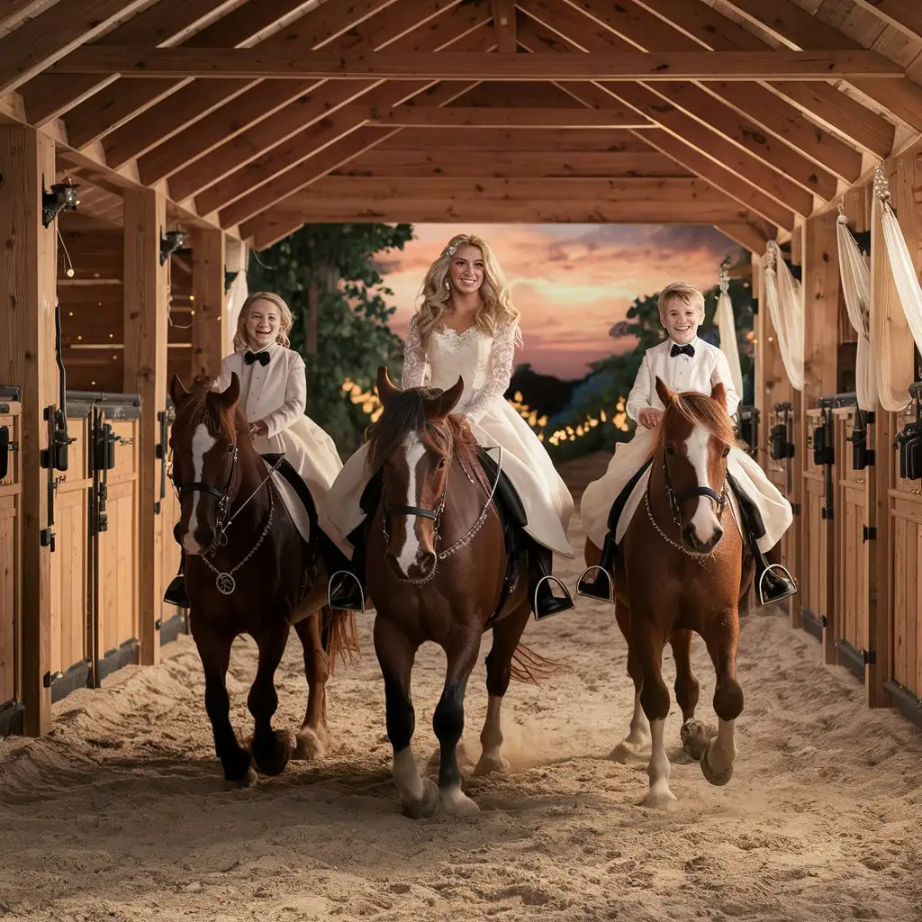 Elegant Family Enjoying Horse Riding at a Rustic Oak Barn During Sunset