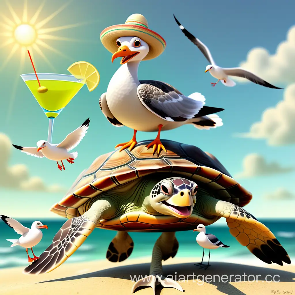 There is a turtle swimming in the ocean, there is a seagull standing on top of the turtle, the turtle is tired and is sweating, the scene Seagull has a sombrero on, the seagull is drinking a martini, the seagull is smiling, the sun is bright, and is Smilin,