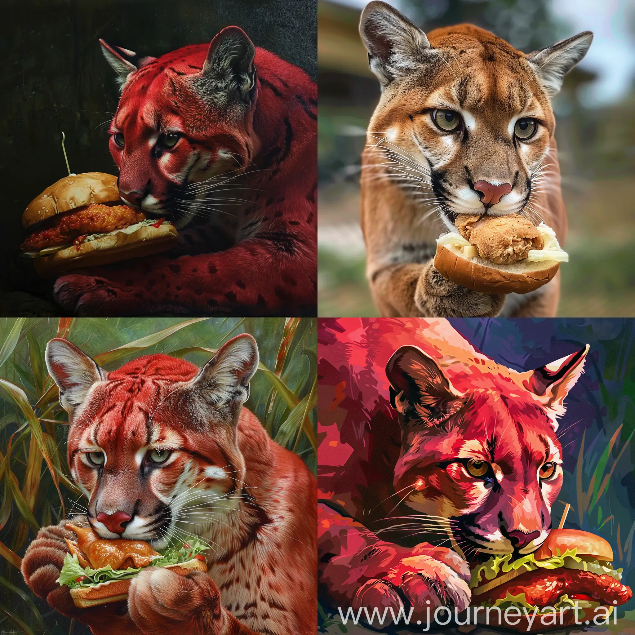 red cougar eating a chicken sandwich