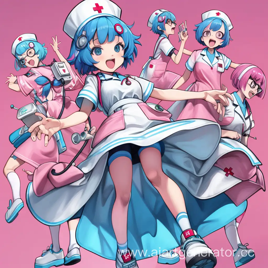 Girl nurse, with short blue hair, pink dress, crazy, full body 