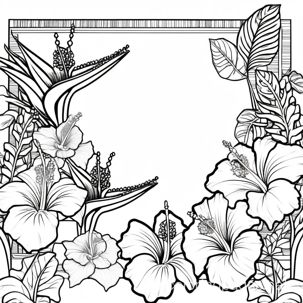 Flowers, hibiscus, bird of paradise , orange blossom in a border, Coloring Page, black and white, line art, white background, Simplicity, Ample White Space. The background of the coloring page is plain white to make it easy for young children to color within the lines. The outlines of all the subjects are easy to distinguish, making it simple for kids to color without too much difficulty