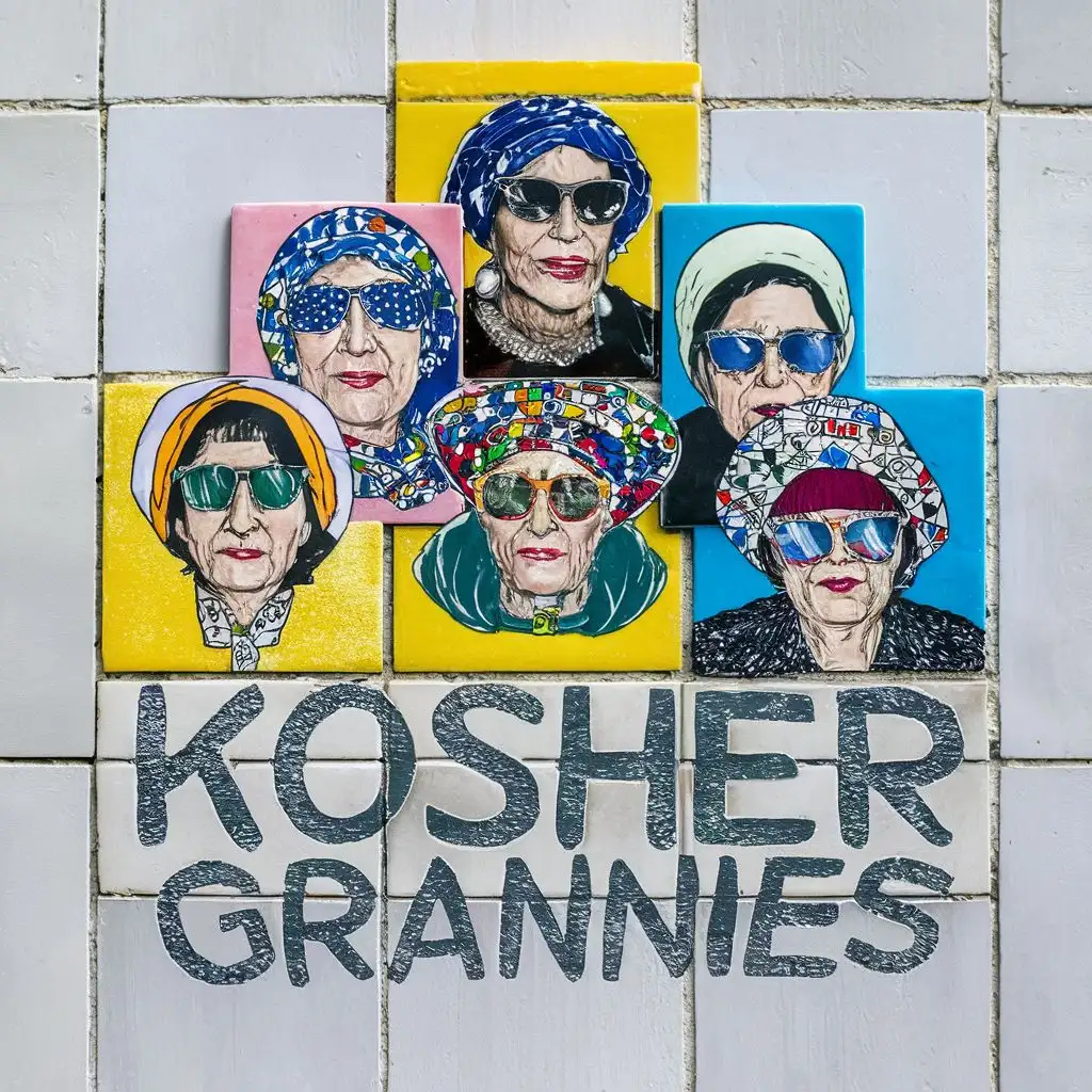 logo, Israel, yellow, blue, white, Jewish grannies with colorful headcovers and sunglasses, in discrete Israeli white tiles, Paul Klee, with the text "Kosher Grannies", typography, be used in art industry