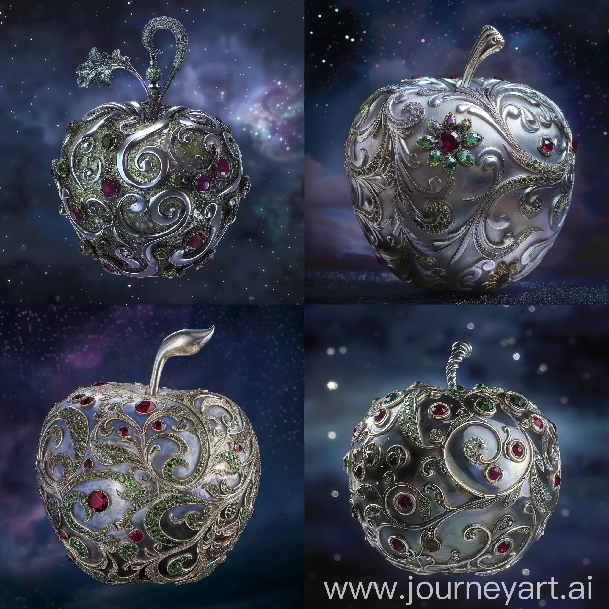 The silver apple!!!!!decorated with rubies and green uvarovites !!!!!!!!! against the background of the night sky!!!!!! intricate design, ornate and flowing, magical three-dimensional details, fantasy. intricate curls, beautiful ornate details, super-complex details, super-detailed metal products, exquisitely ornate, detailed and intricate image, curls, frontal light, octane number, medium sharpness, high detail
