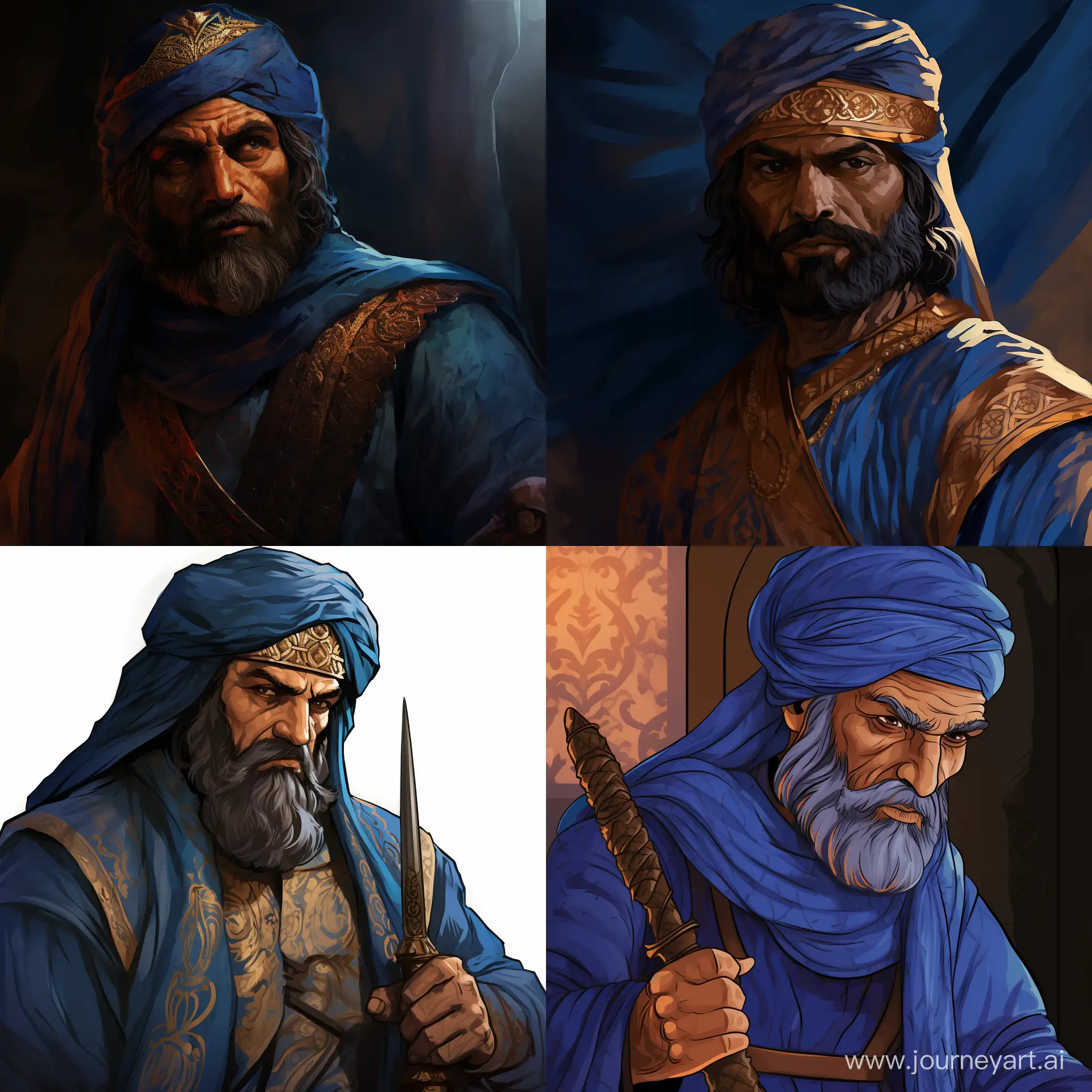 There are some thumbnail images available on YouTube with a shining blue subject, sometimes with blue hues on the face and occasionally on wrinkled clothing. Now, I want to create a textual description based on the following scenario: A commander who has drawn his sword, placing it at the neck of a Persian king. The Persian king has lifted his hands and has a terrified expression. The king wears the crown of the Achaemenid Empire. The setting is within the magnificent palace of Persepolis, before its destruction