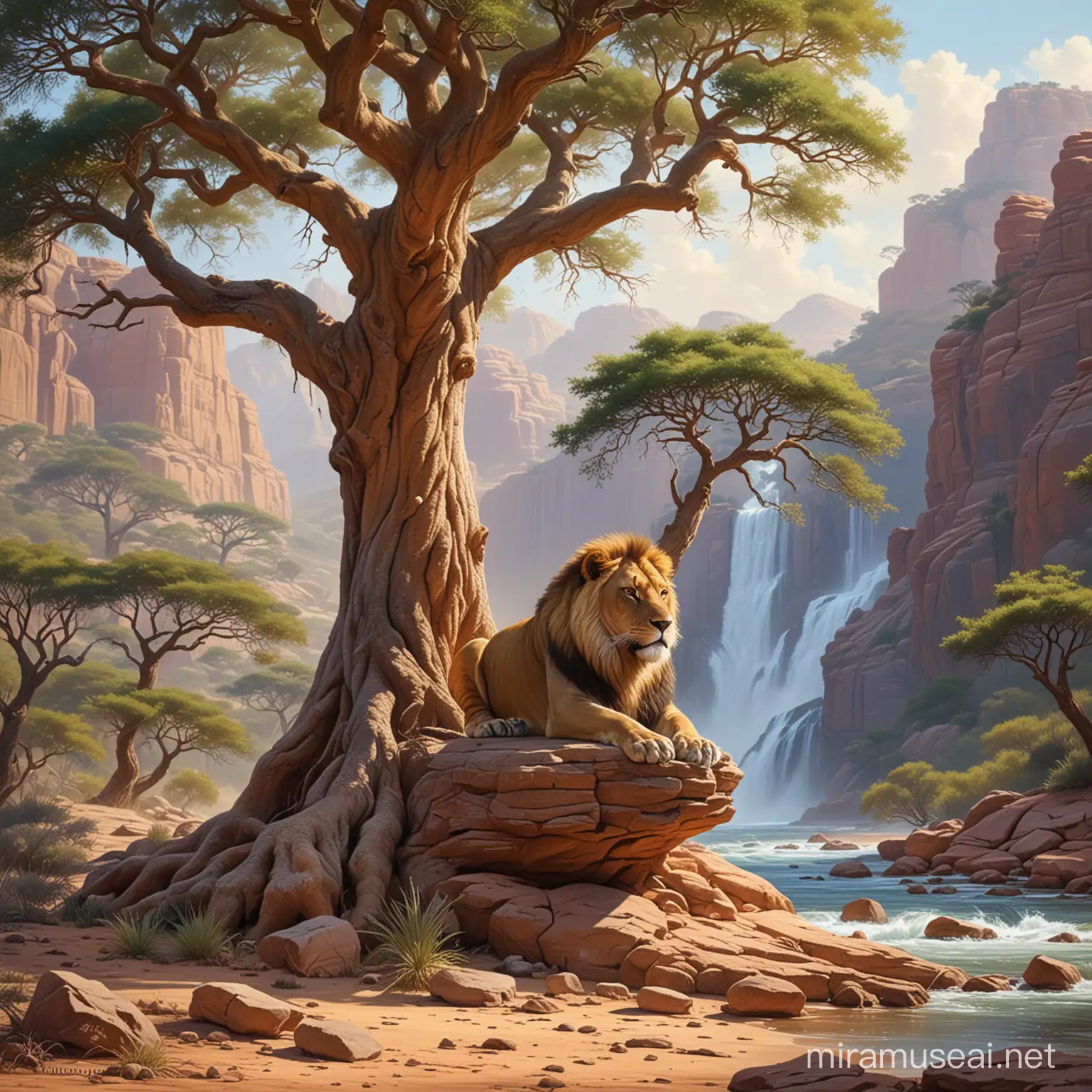 Majestic Socotra Dragon Tree with Resting Lion in the Wilderness