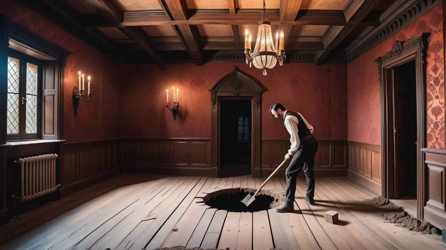 A gothic room in a house with a man busting up a wooden floor to dig a hole  - make this happening in the 1800s