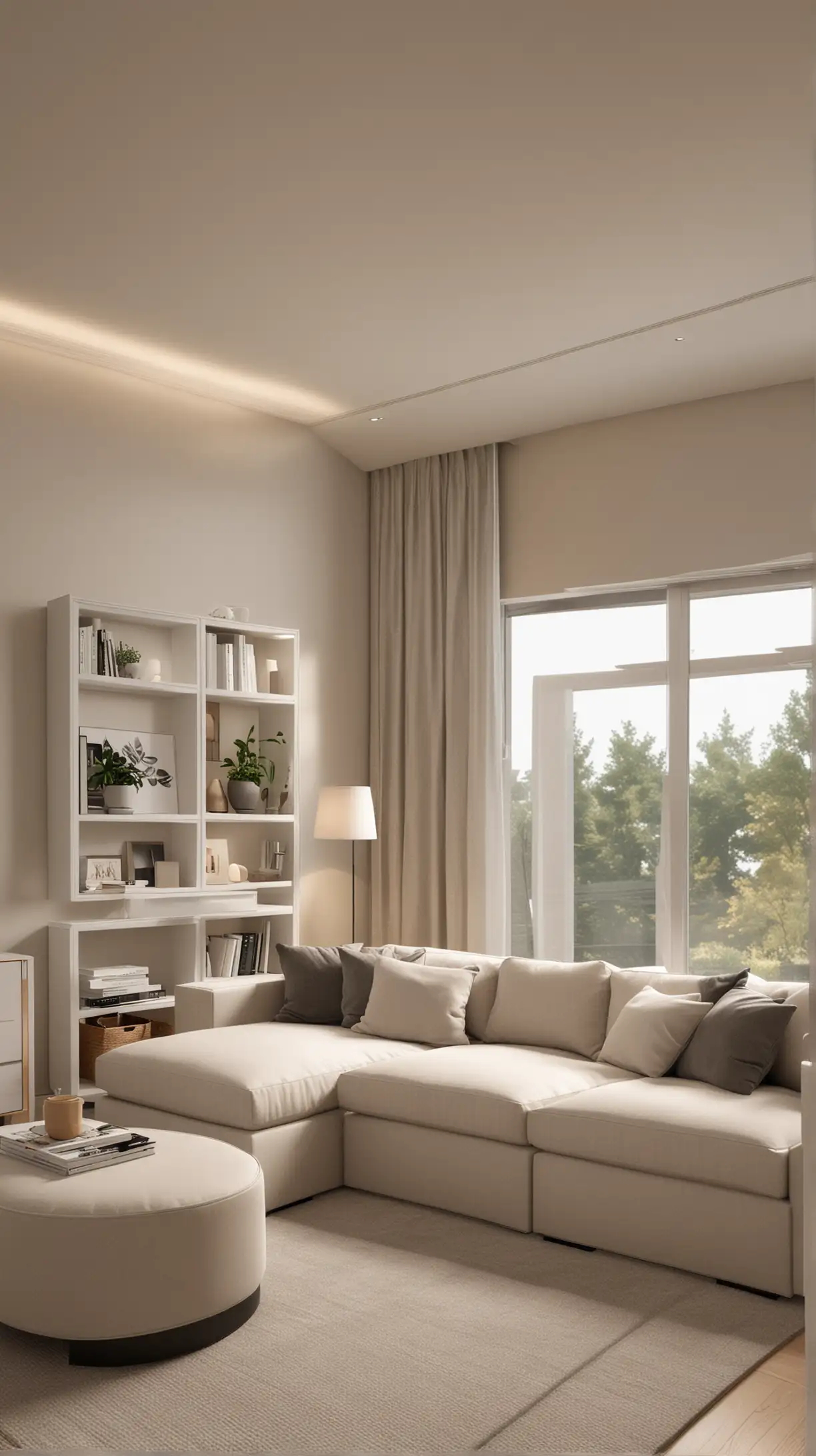 A sleek and modern minimalist Bloxburg living room with neutral-colored furniture, clean lines, and hidden storage spaces, enhanced by ambient lighting.