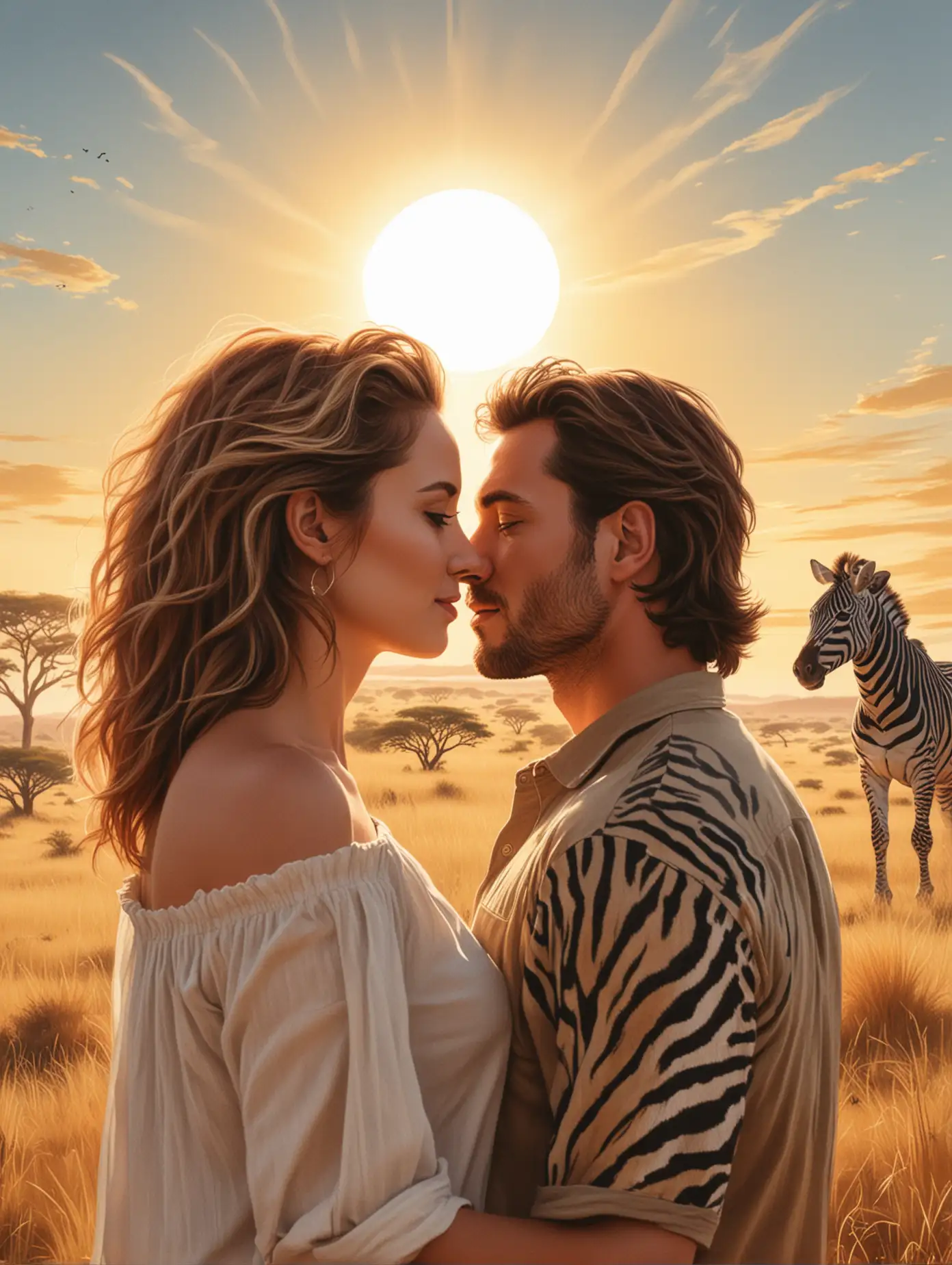 Create a realistic illustration of a couple looking at the African savanna, up close portrait, view from the back, the couple is on the left side of the illustration, there is a lion and a zebra in the distance, the sun high in the sky 