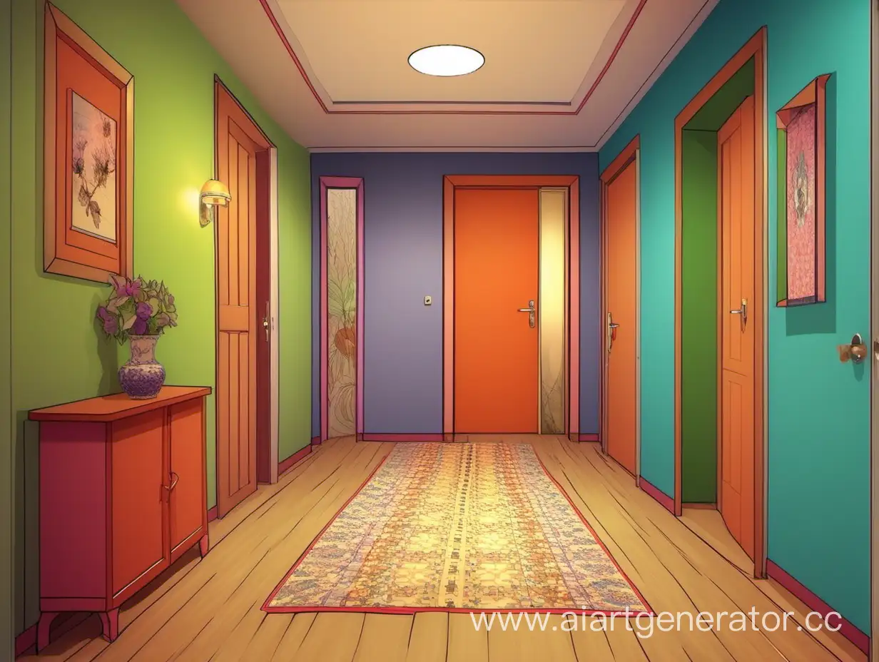 нарисуй уютный коридор с дверью которая ведет в эту комнату с другой дверью и входной дверью красочный приятный