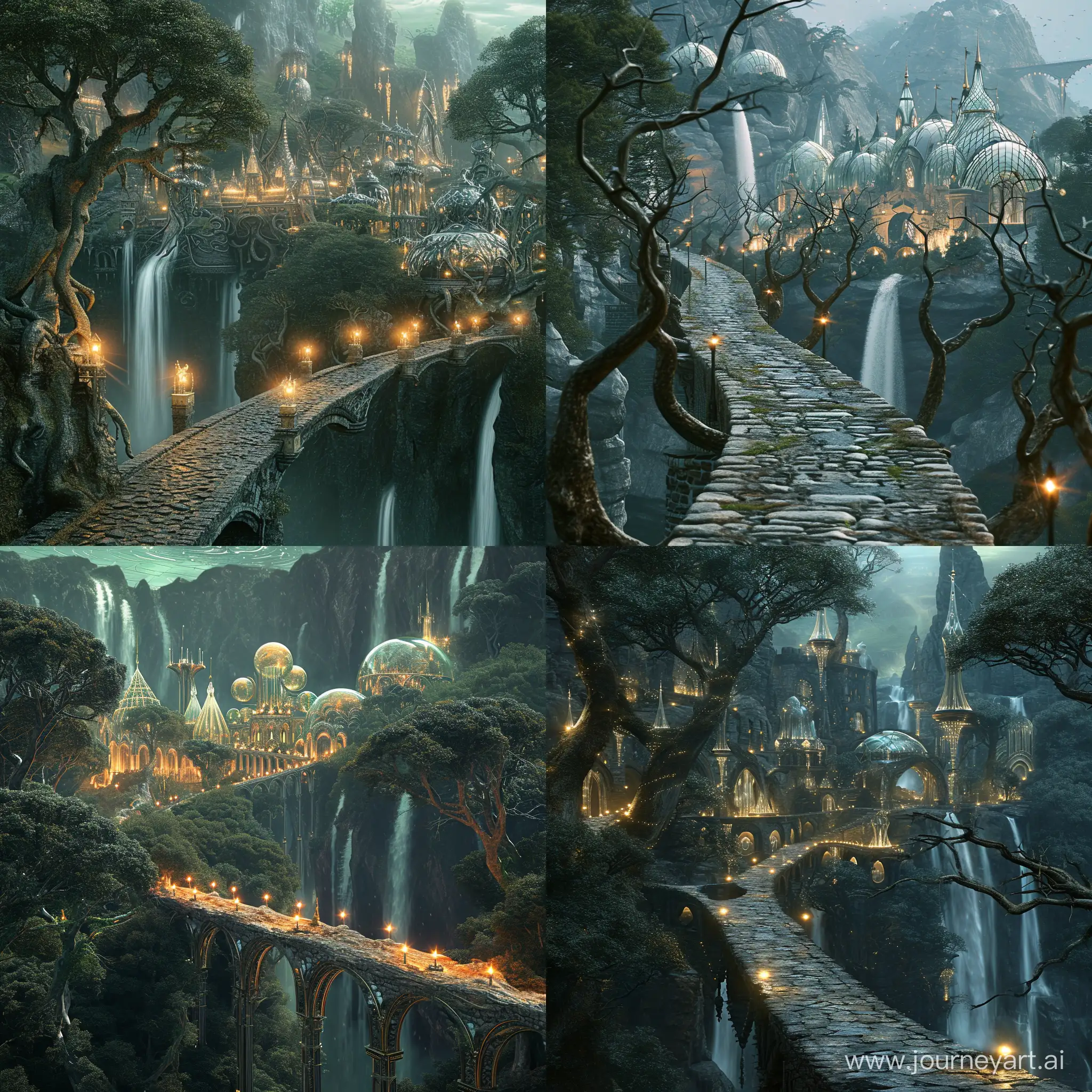 the capital of the elves of the west, a charming city located deep in the forest, a stone bridge stretching along waterfalls falling from high hills, a magical barrier of ancient trees and branches, palace from glass, lights, fantasy, 4k, full HD, cinematic, v6