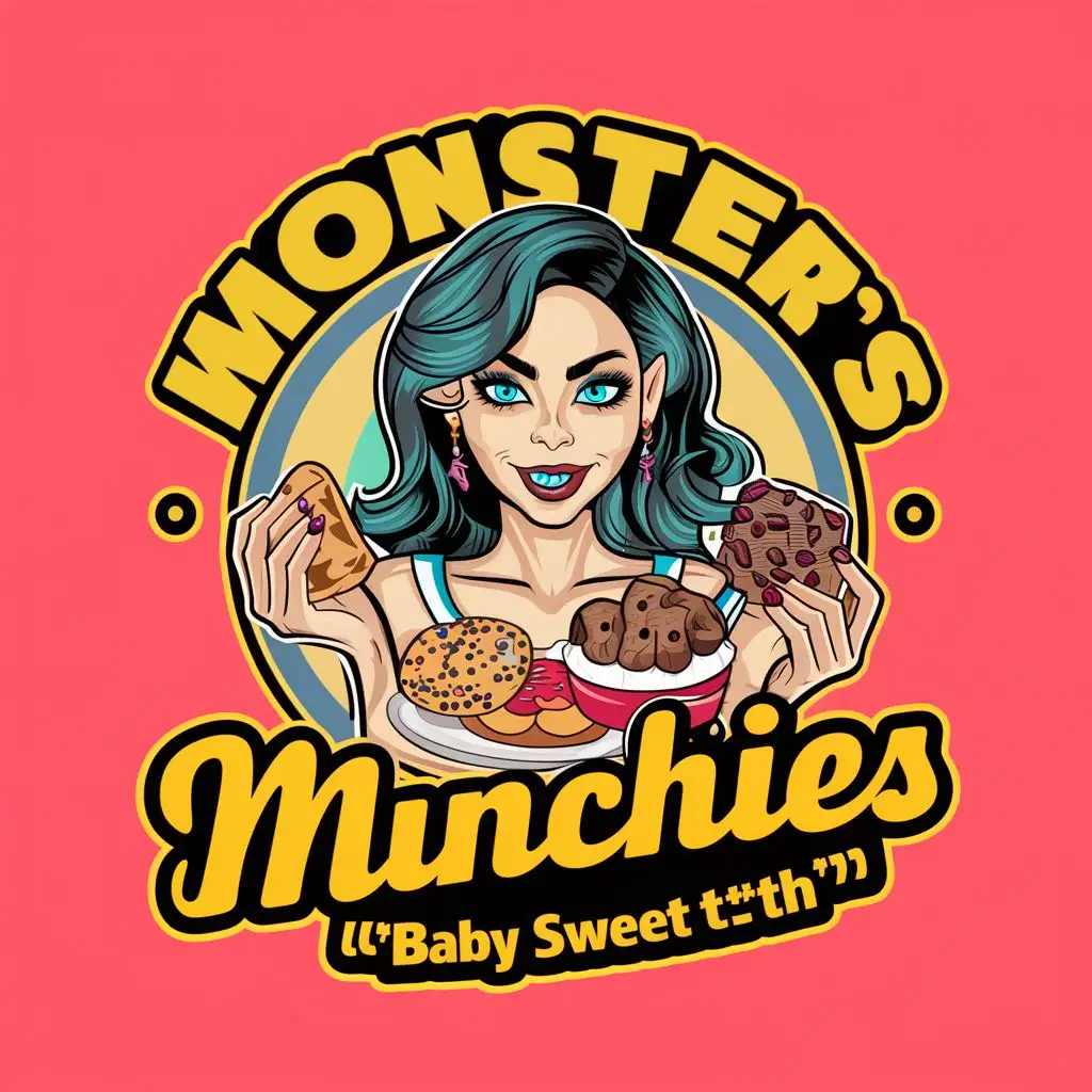 logo, Sexy Monster girl with blue eyes with baked goods, sweets, cookies, with the text "Monster's Munchies 
"Baby Sweet T**th"", typography