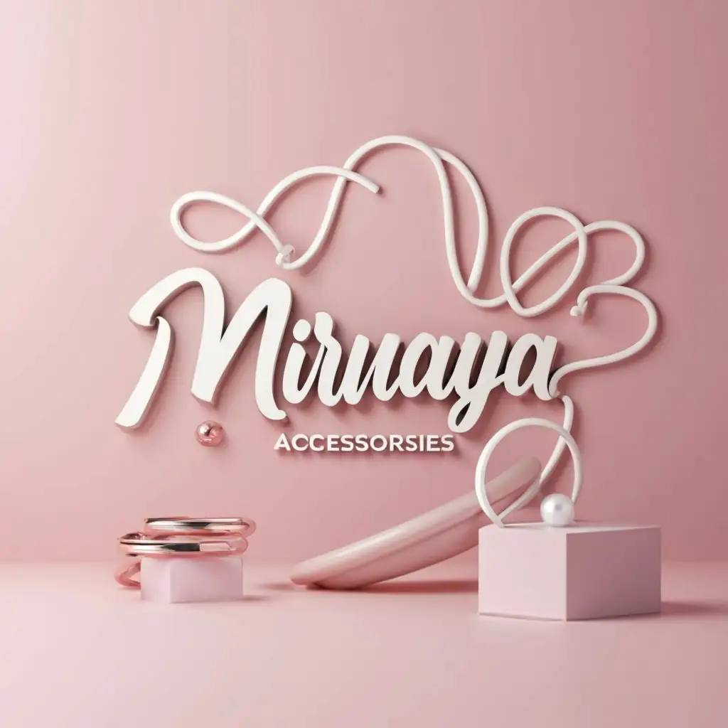 a logo design,with the text "Mirnaya accessories", main symbol:Design a 3D logo for an Instagram business page titled "Mirnaya Accessories," specializing in selling bracelets, earrings, and rings. The primary color scheme should include shades of pink and white, or solely pink. Key elements of the logo should feature the name "Mirnaya Accessories" in a feminine font, alongside representations of the accessories.,Minimalistic,clear background