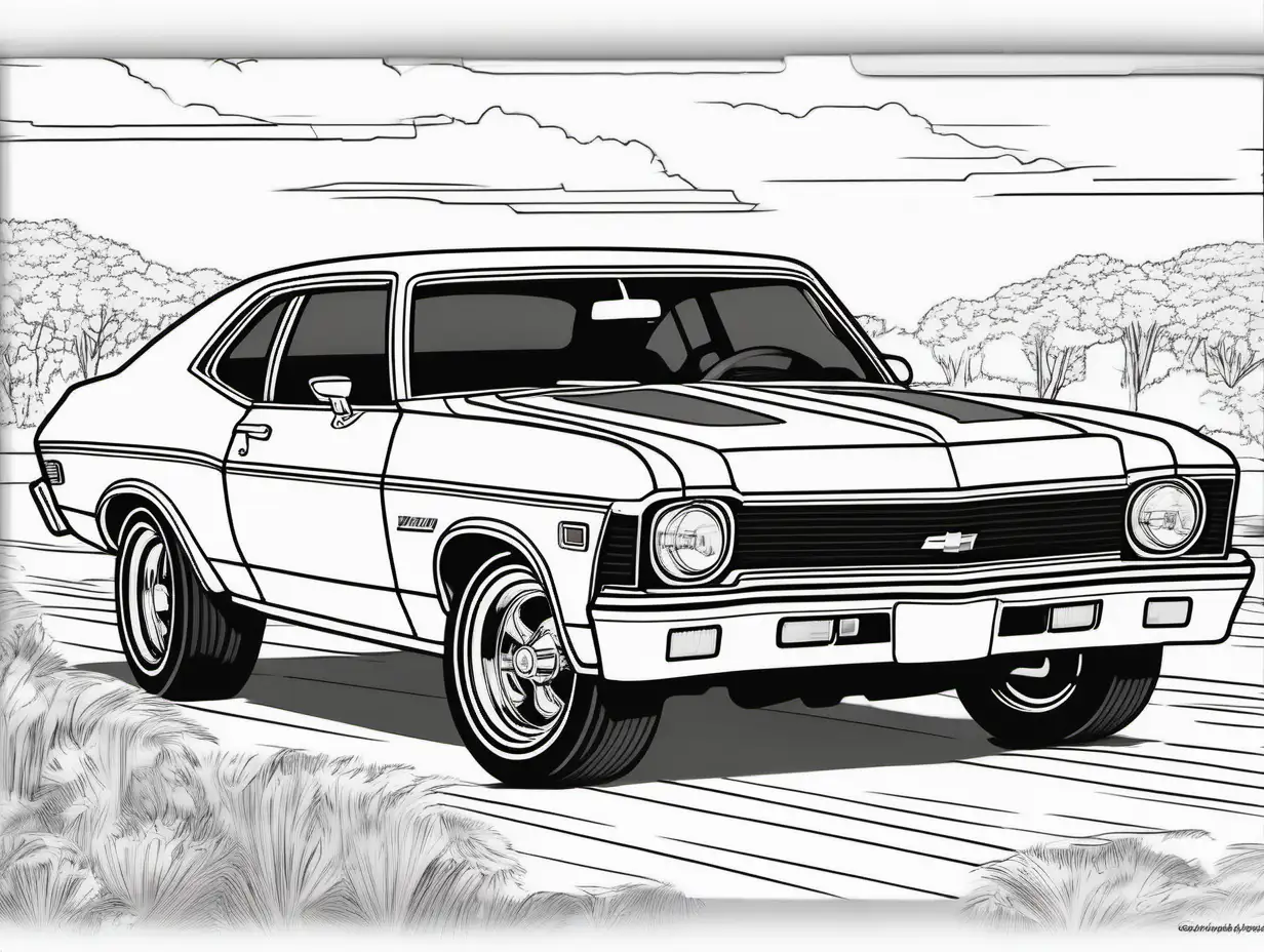 coloring page for adults, classic American automobile, 1971 Chevrolet Nova SS, clean line art, high detail, no shade