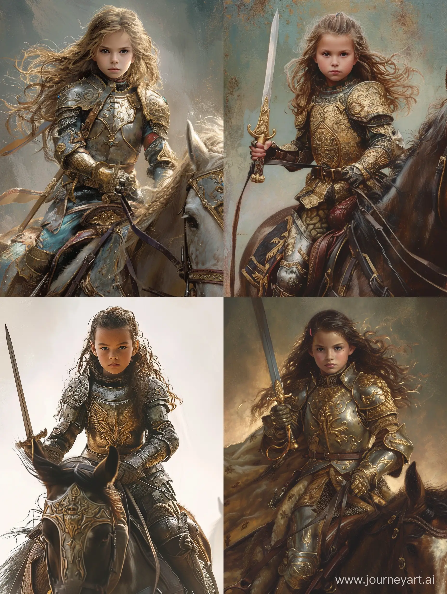 Courageous-8YearOld-Girl-in-Armor-Riding-Heroically-on-Horseback