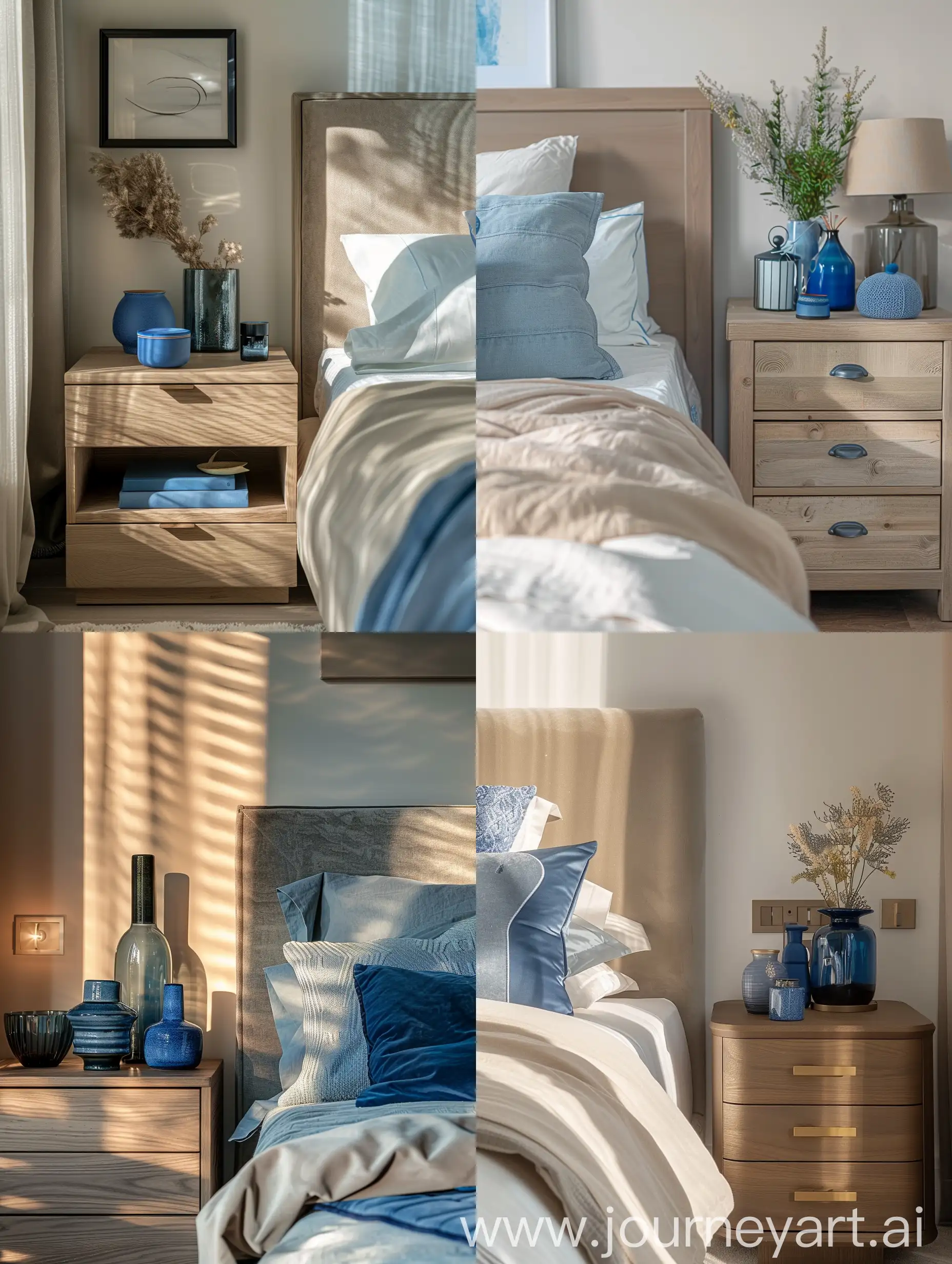 dettaglio di un comodino in camera da letto con  pochi accessori blu. Stile moderno. luce del mattino calda