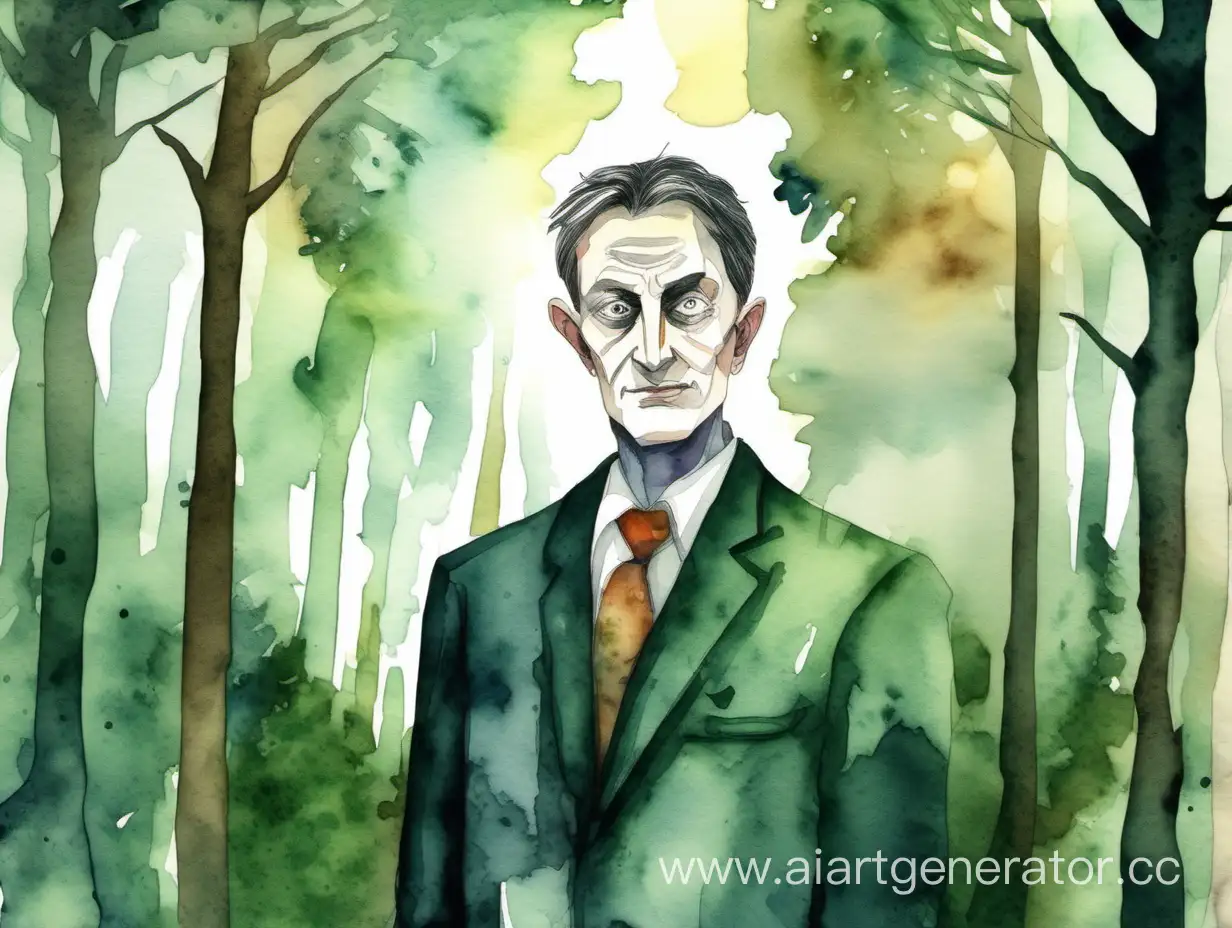 a man in the background of the forest. the personification of greed. crafty. watercolor style
