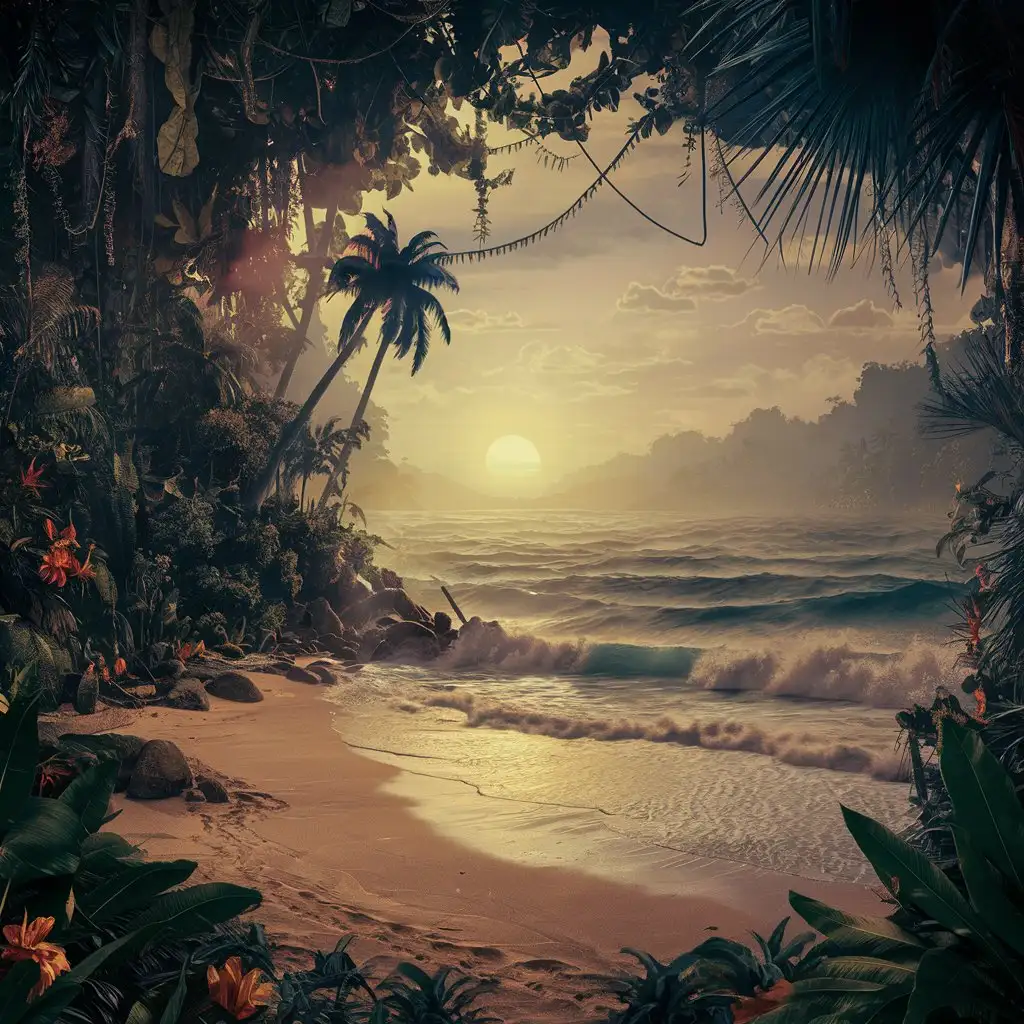 Lush jungle beach at sunset
