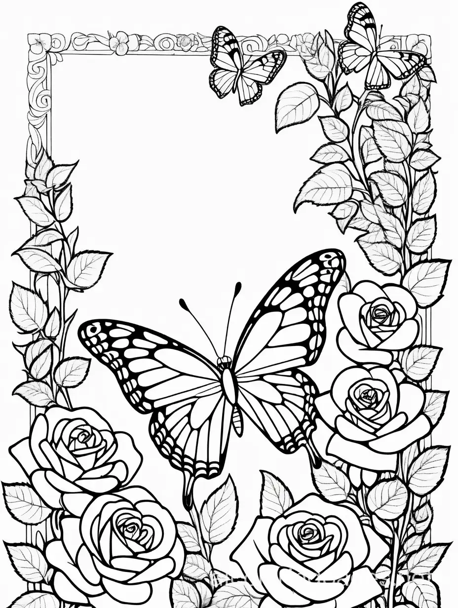 butterfly in the garden full of roses, Coloring Page, black and white, line art, white background, Simplicity, Ample White Space. The background of the coloring page is plain white to make it easy for young children to color within the lines. The outlines of all the subjects are easy to distinguish, making it simple for kids to color without too much difficulty