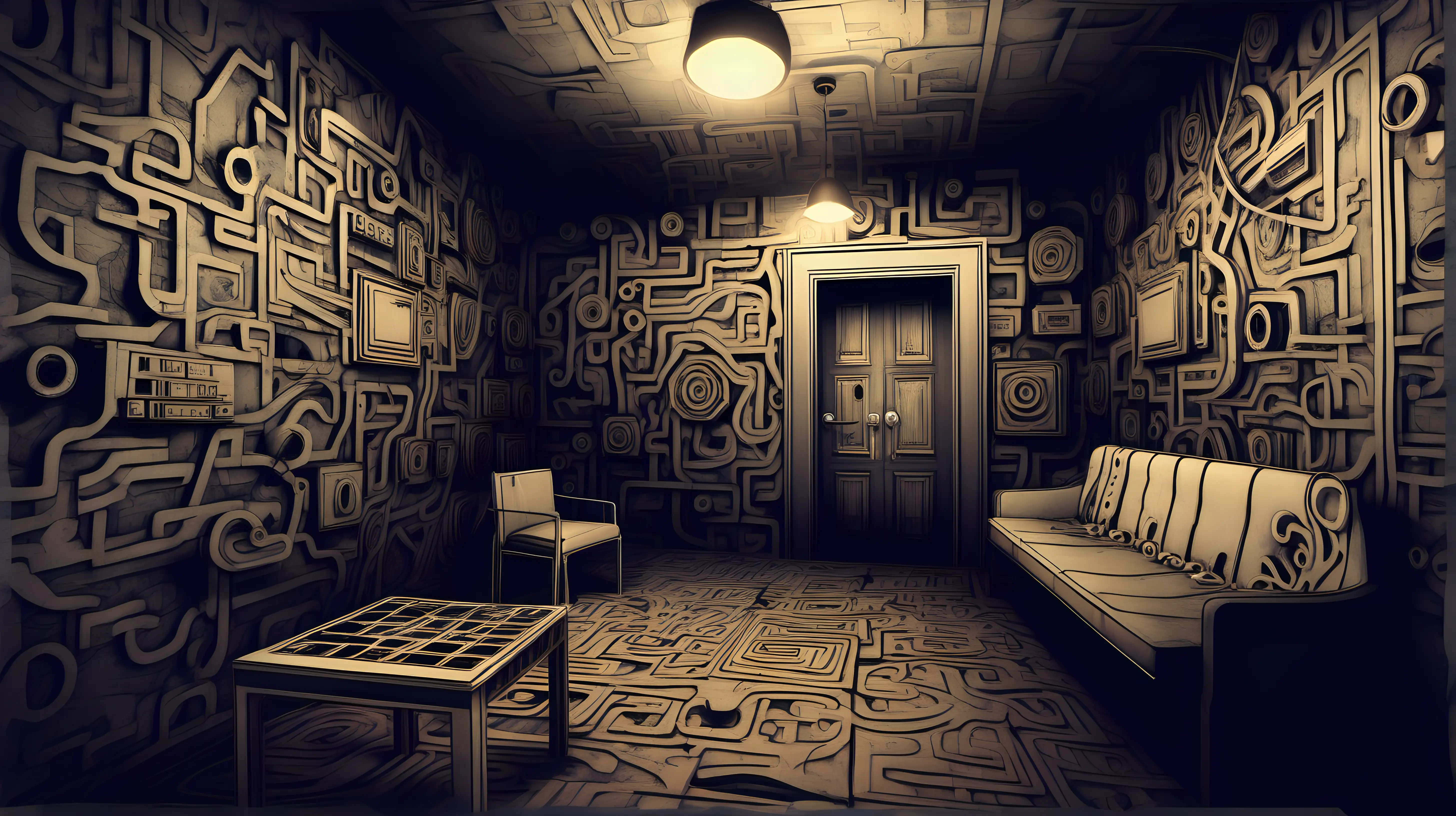 "Illustrate a VR escape room experience, where participants solve puzzles and navigate through surreal environments to unlock the next level of the digital challenge."