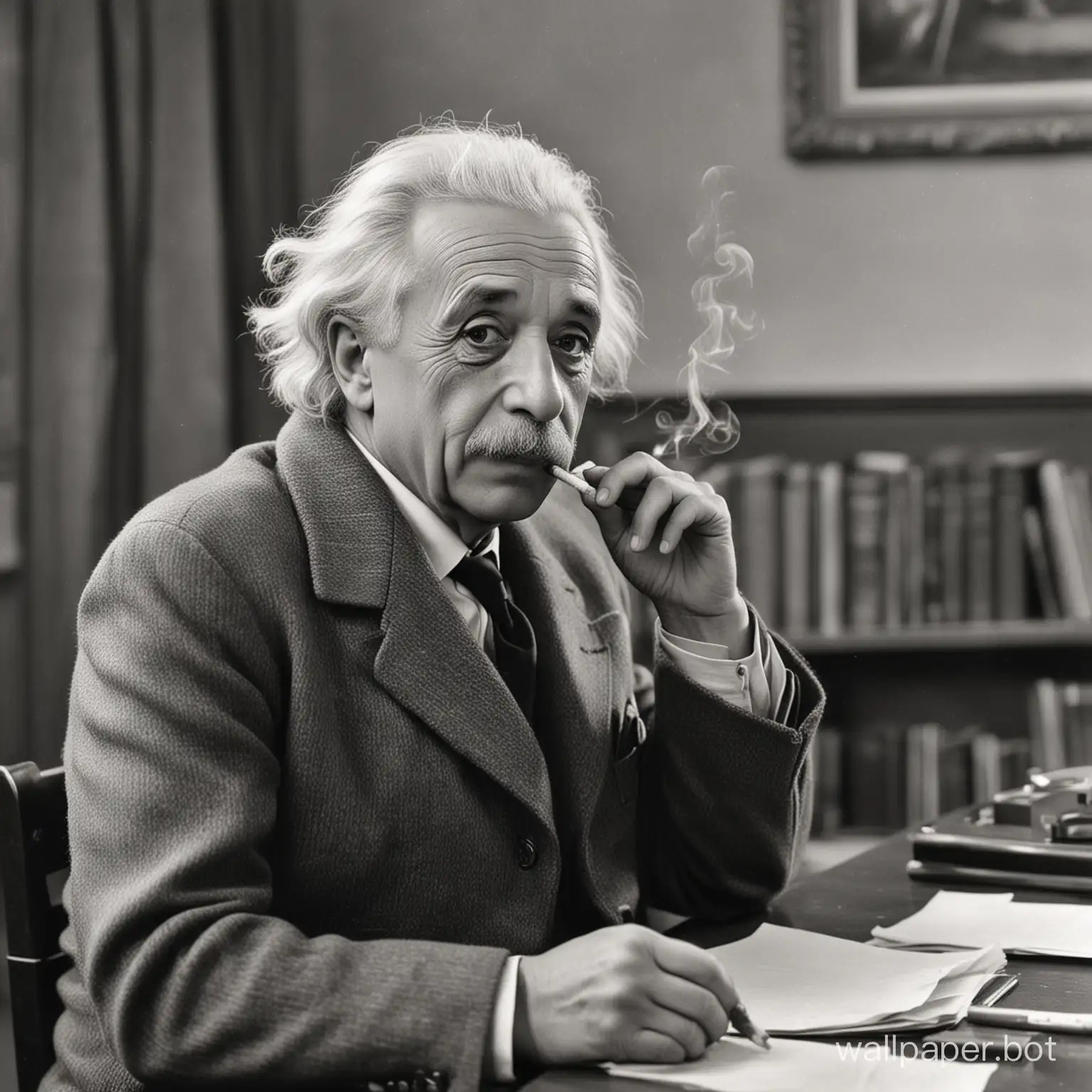 Albert Einstein smoking a joint, time period office background, black and white photo. Circa 1925