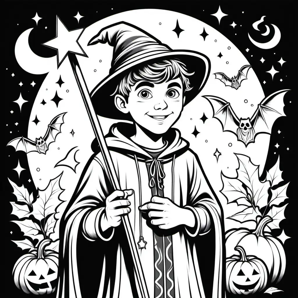 simple black and white halloween coloring book of teenage boy in wizard costume with wand