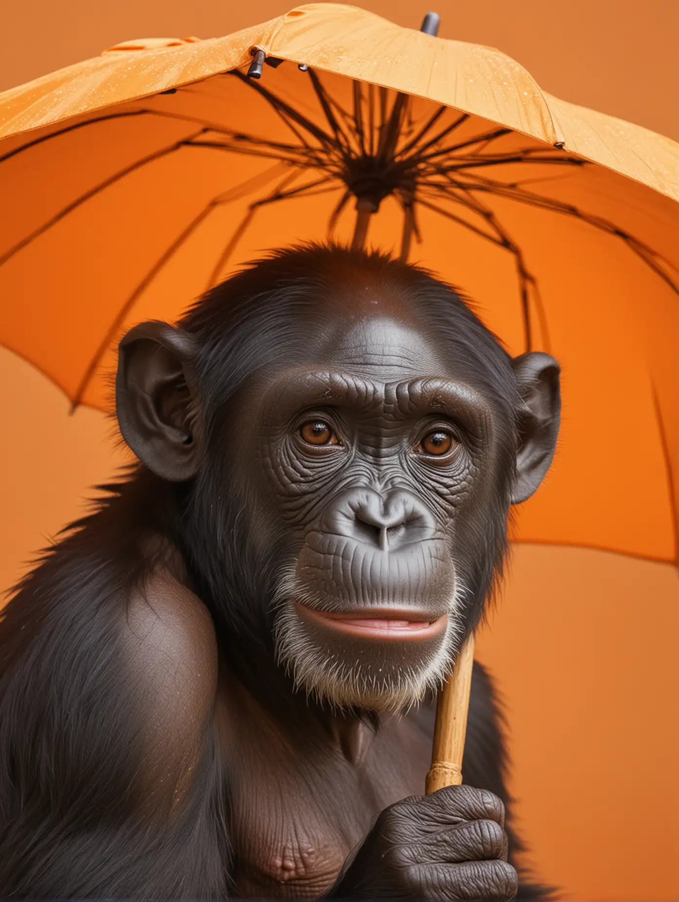 poster of photograph of chimpanzee holding umbrella orange background