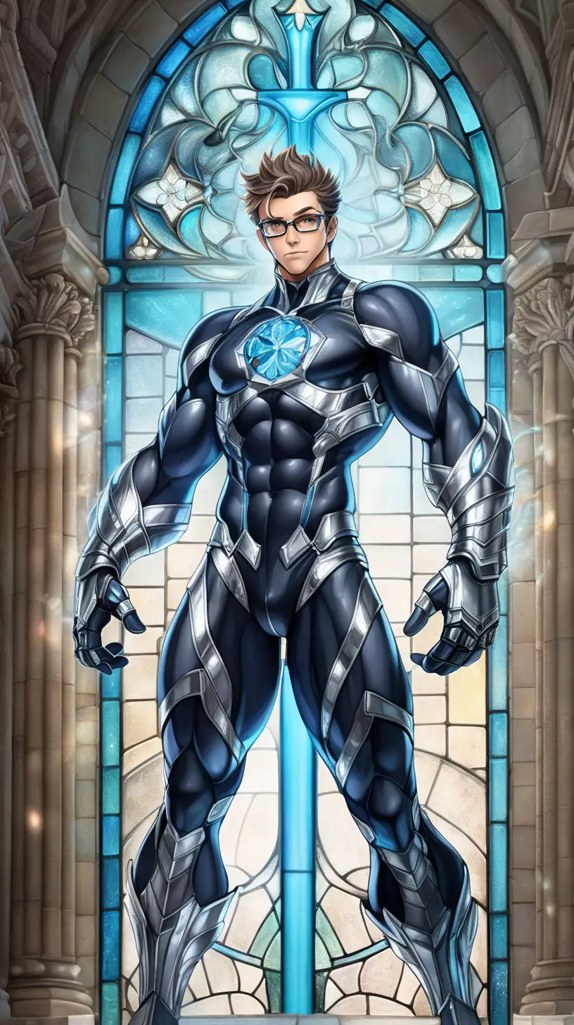 Generate an AI drawing featuring a strikingly handsome hunk who exudes strength and mystique. He wears glasses and has short hair with a rugged 5 o'clock shadow, framing his determined face. His intense, aquamarine-colored eyes radiate power and purpose.

In the scene, the hunk is floating mid-air, bathed in an ethereal aura, just outside a majestic church. He stands shirtless, revealing a slightly hairy chest, well-defined abs, and powerful legs, his physique further enhanced by silver gauntlets and leg armor. The composition captures a full-body shot of this enigmatic figure, as he channels his extraordinary abilities within the sacred ambiance of the church. The scene is accentuated by the presence of beautiful rose stained glass windows, adding to the atmosphere of mystery and reverence