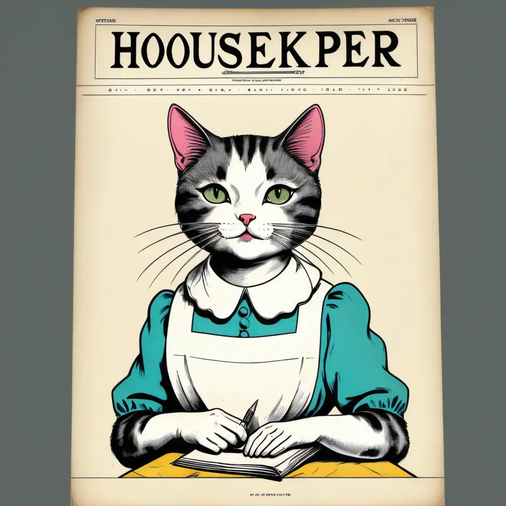 poster  HOUSEKEEPER CAT old cover  hand colouring magazine aesthetic 