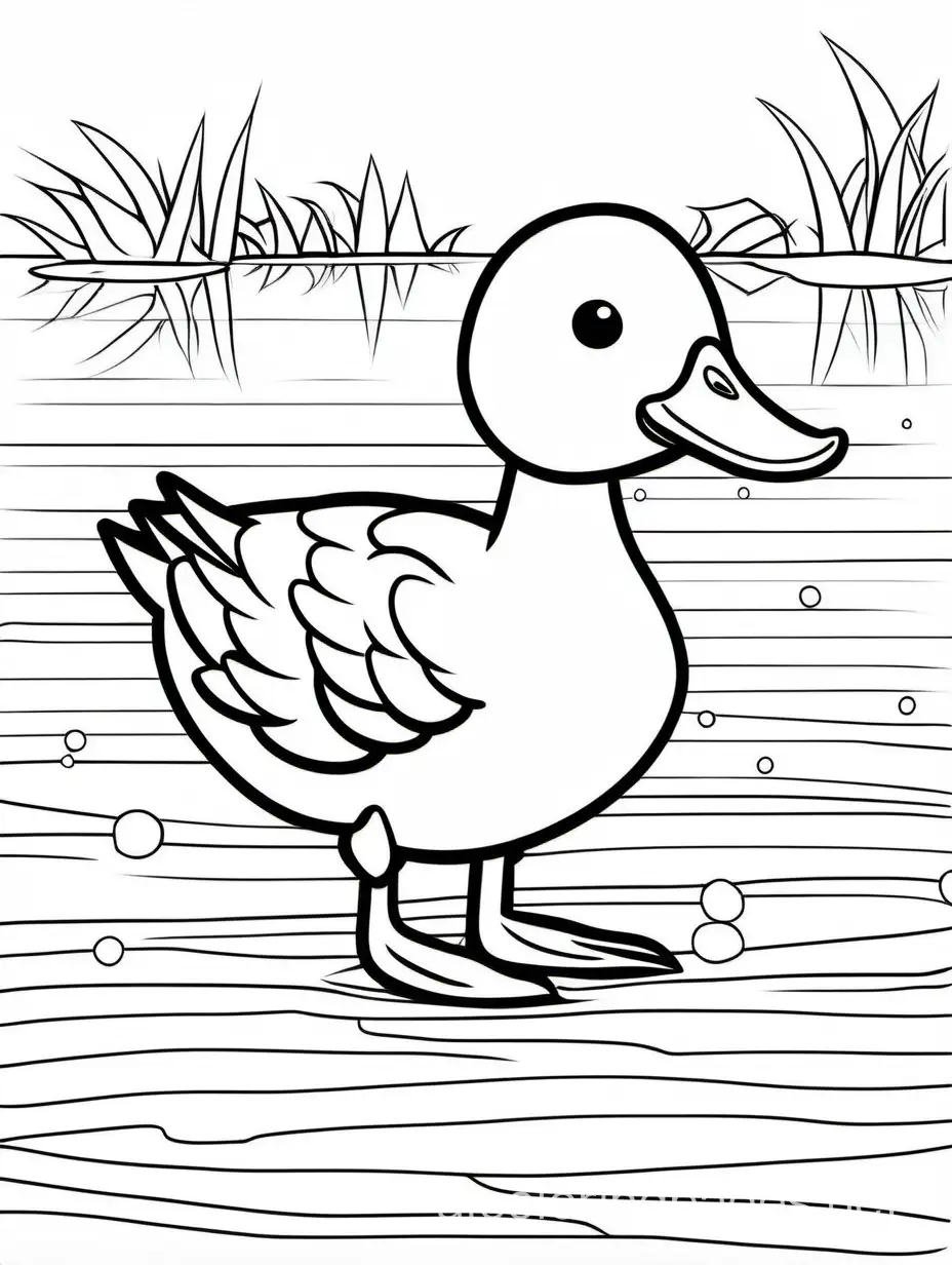 cute duck with solid black lines and white background, Coloring Page, black and white, line art, white background, Simplicity, Ample White Space. The background of the coloring page is plain white to make it easy for young children to color within the lines. The outlines of all the subjects are easy to distinguish, making it simple for kids to color without too much difficulty