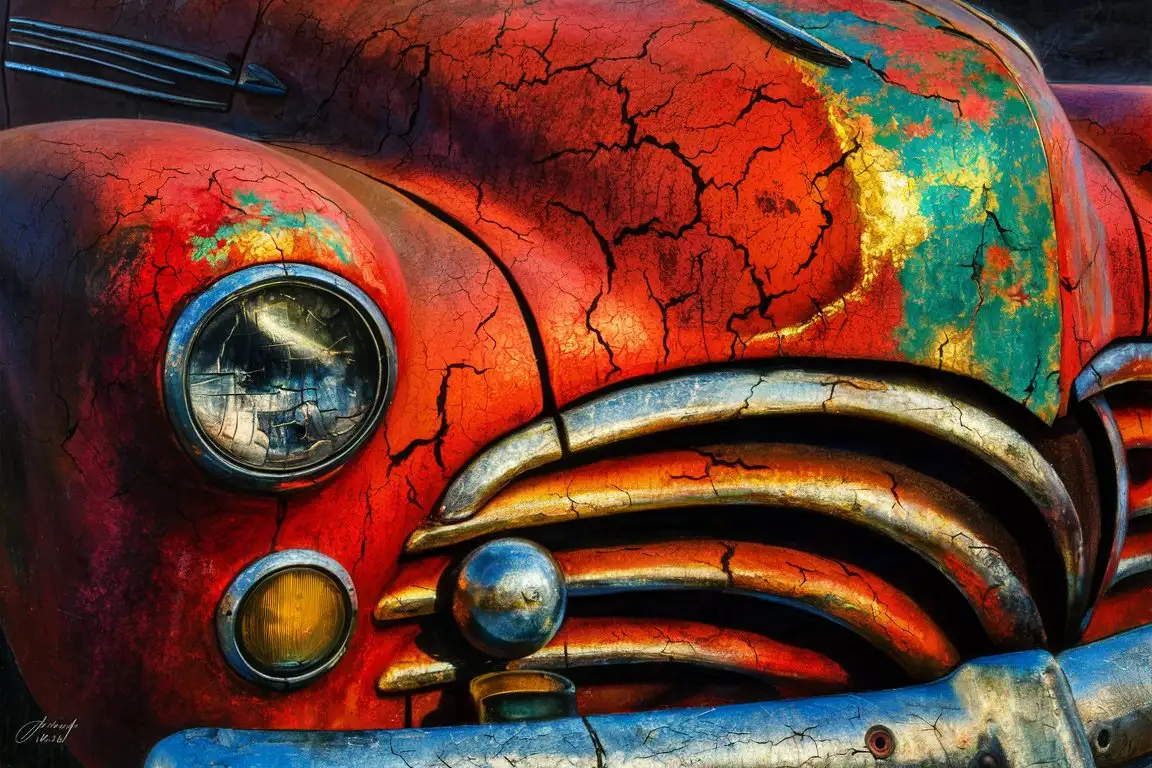 Close-up of an old, rusty car front  with cracked paint,pattern,red,tourquise,golden hours,shadow casting,renessaince oilpainting