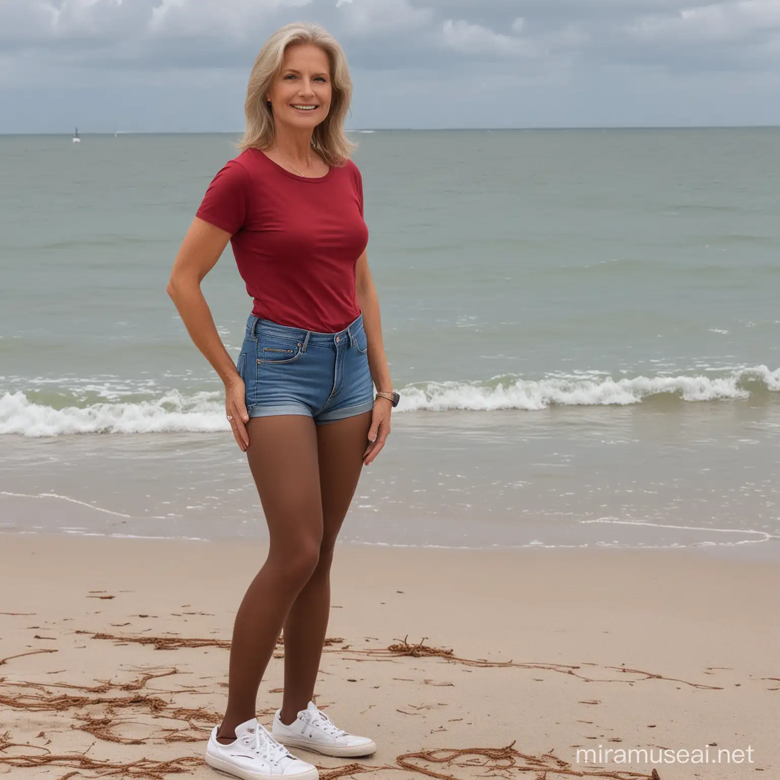 Mature lady 60 years old, straight bonde hair, small breasts, wide hips, shiny dark brown pantyhose nylon tights, denim jean shorts, maroon t-shirt,  white leather sneakers, standing on Florida beach