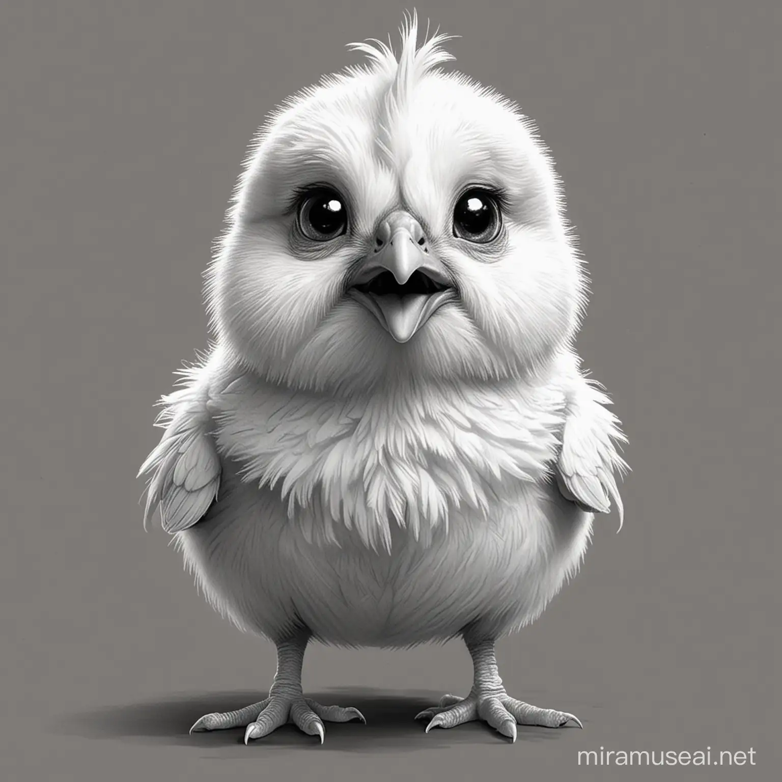 drawing sketch, black and white, cute, scared chicken male more cute