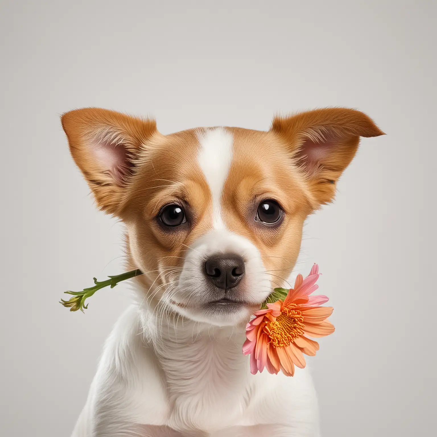 Un perrito con una flor en el hocico con un fondo blanco