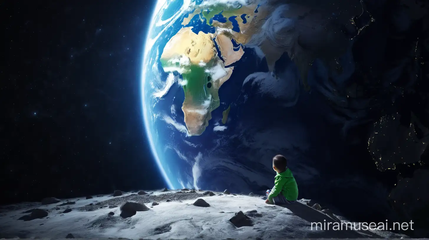 Put sitting child looking at the earth, 4K