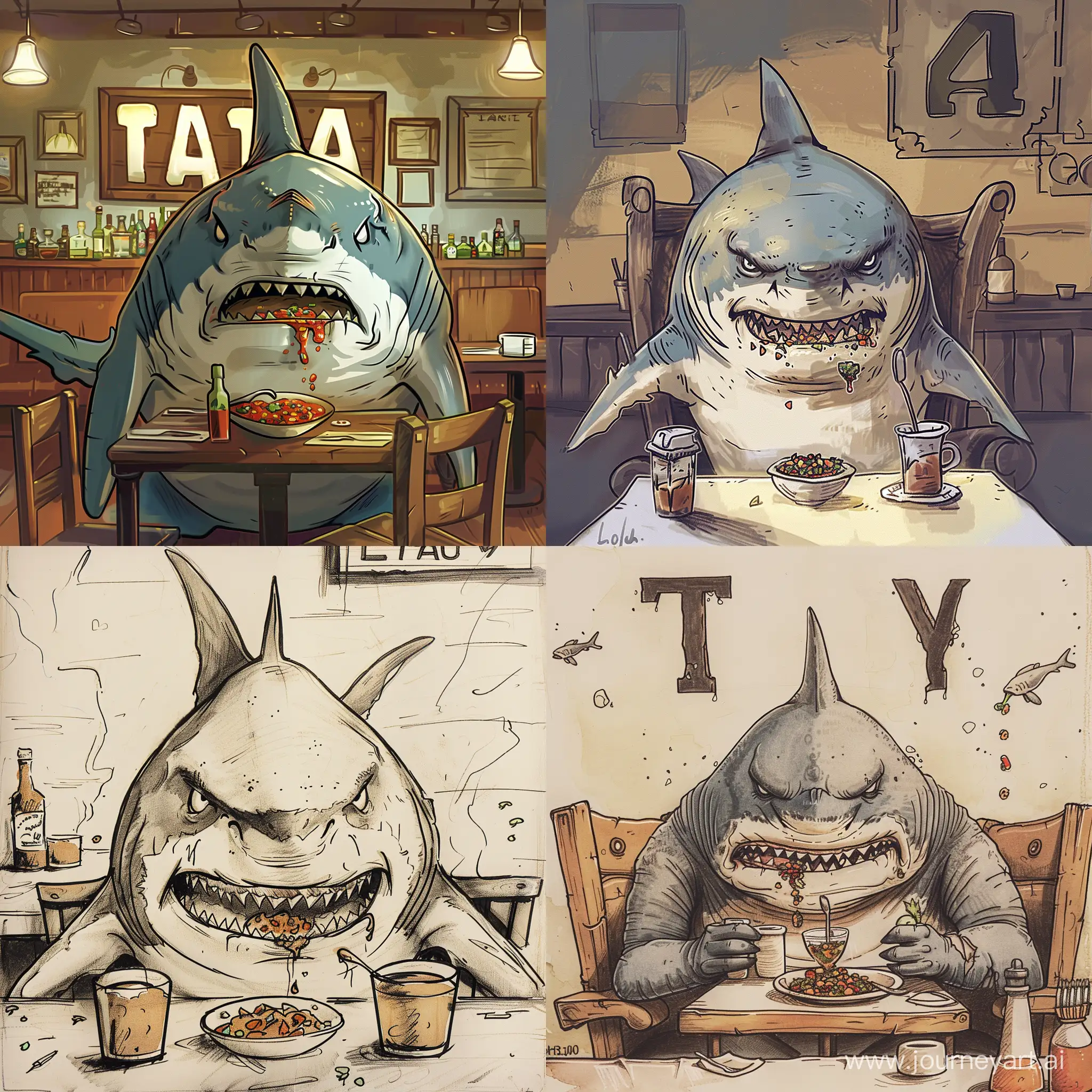 Draw an angry T shark eating salsa while sitting in the restaurant.