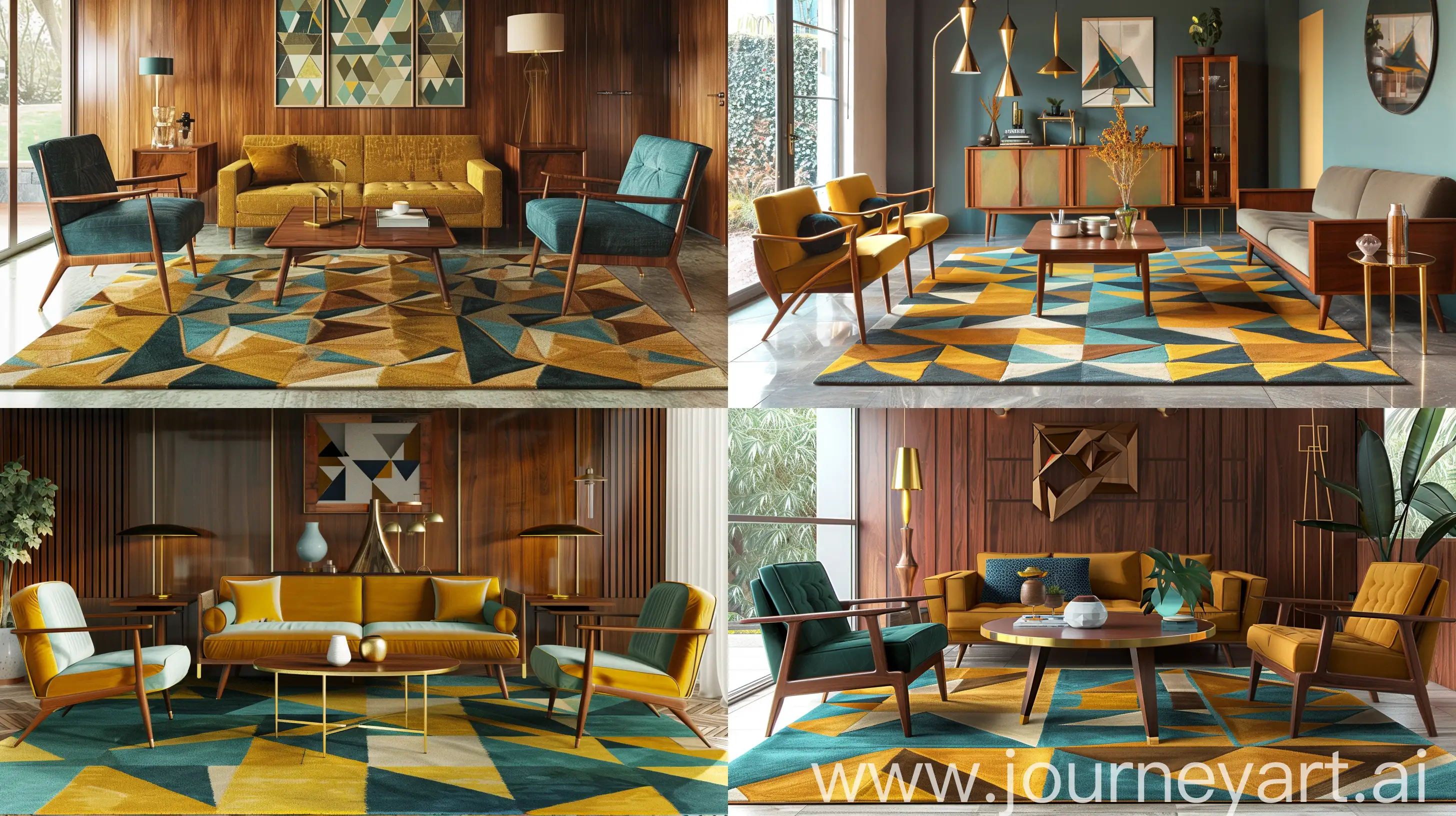 Journey into a mid-century modern living room, where retro vibes meet contemporary elegance. Picture a bold geometric rug in shades of mustard and teal, paired with sleek furniture in warm walnut wood and brass accents. --ar 16:9