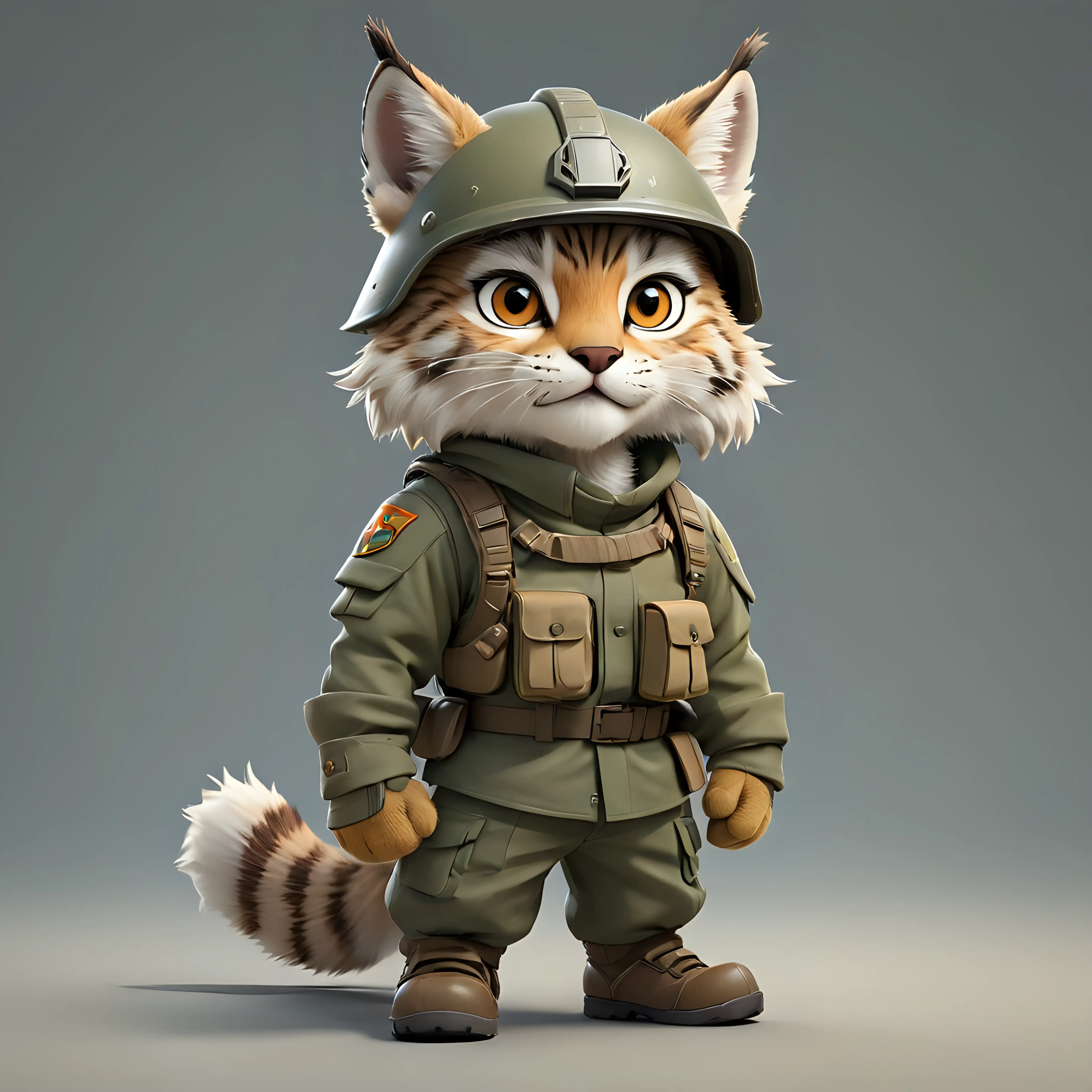 Cartoon Lynx in Soldier Clothes with Helmet on Clear Background