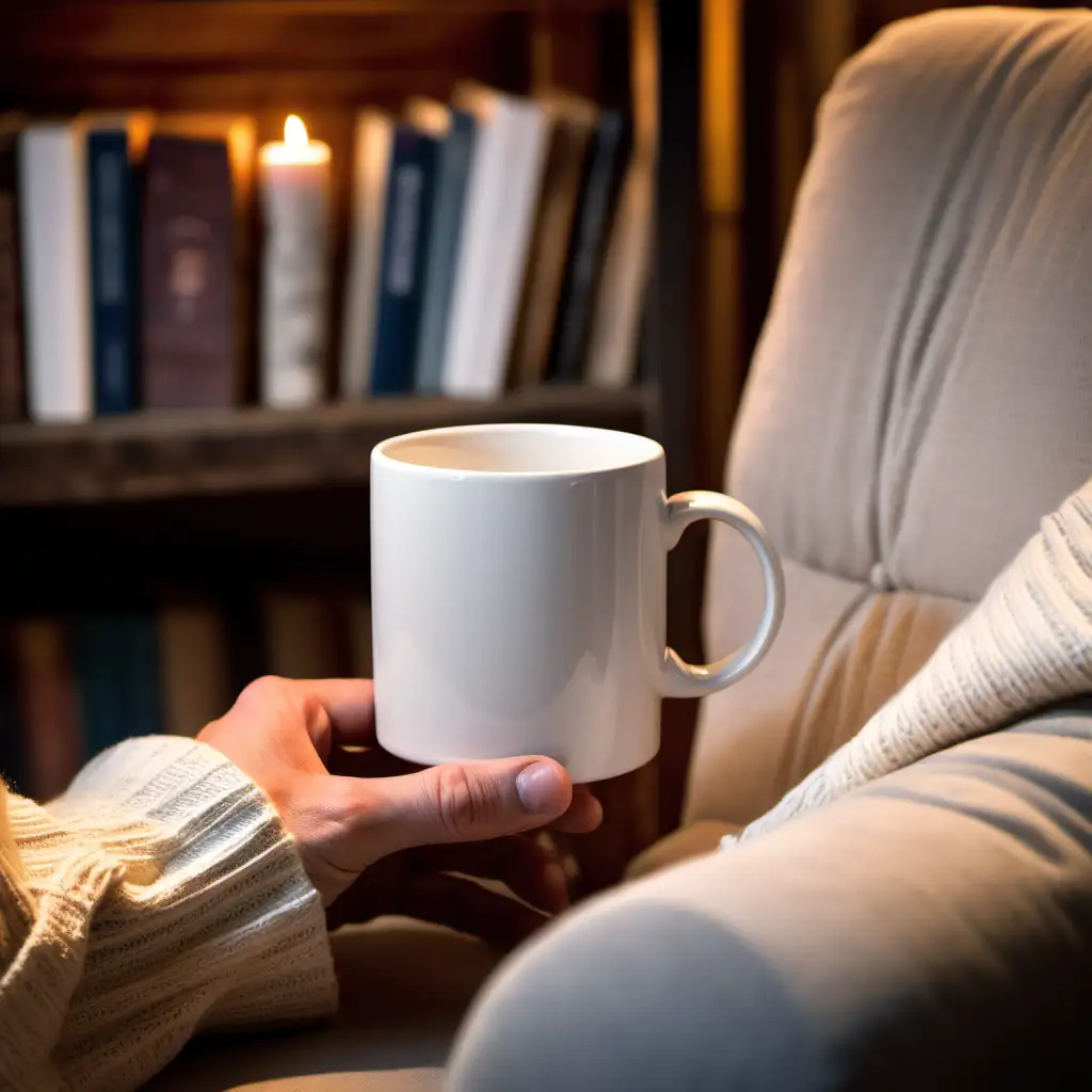 
Generate a high-resolution image of a hand holding the white ceramic mug 3.7"H x 3.7"W x 3.2"D, 10.2" circumference) , positioned in a cozy reading nook with a plush armchair and a stack of books in the background. The focus should be on the mug, with soft, warm lighting highlighting its details, creating an inviting atmosphere for a quiet reading session