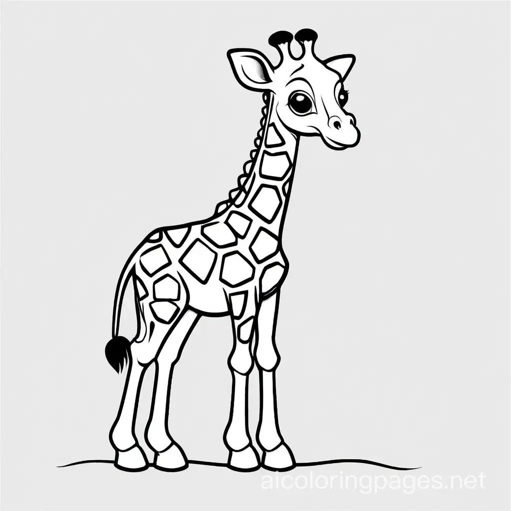 baby giraffe walking while looking to the side a little bit, Coloring Page, black and white, line art, white background, Simplicity, Ample White Space. The background of the coloring page is plain white to make it easy for young children to color within the lines. The outlines of all the subjects are easy to distinguish, making it simple for kids to color without too much difficulty