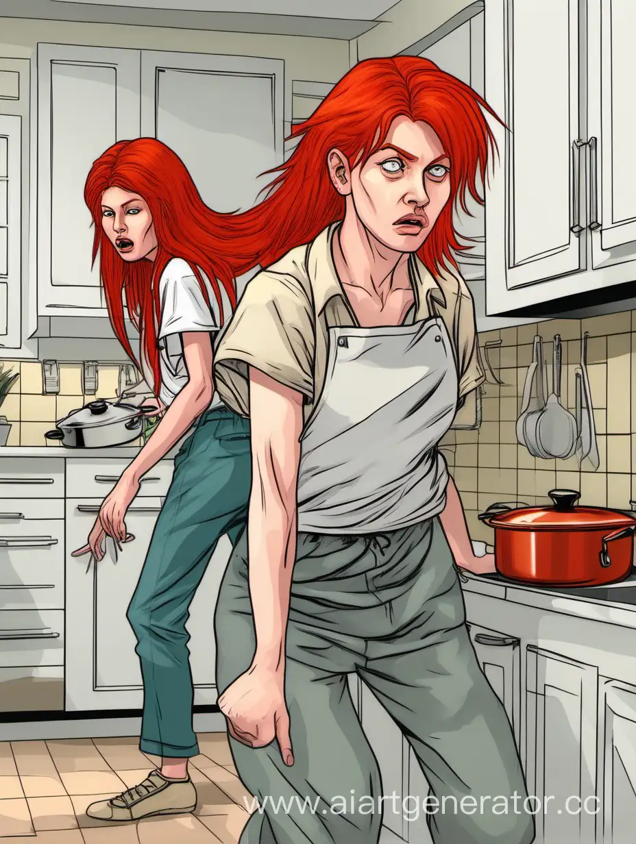 Сексуальная красивая рыжая девушка с причёской маллет и блондом на висках, пытается сбежать с кухни 