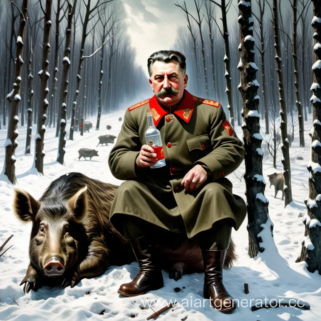 Stalin-Drinking-Vodka-with-a-Boar-in-Winter-Forest