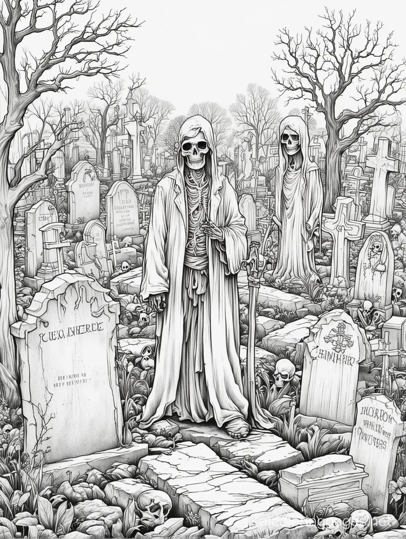 undead in a graveyard
, Coloring Page, black and white, line art, white background, Simplicity, Ample White Space. The background of the coloring page is plain white to make it easy for young children to color within the lines. The outlines of all the subjects are easy to distinguish, making it simple for kids to color without too much difficulty