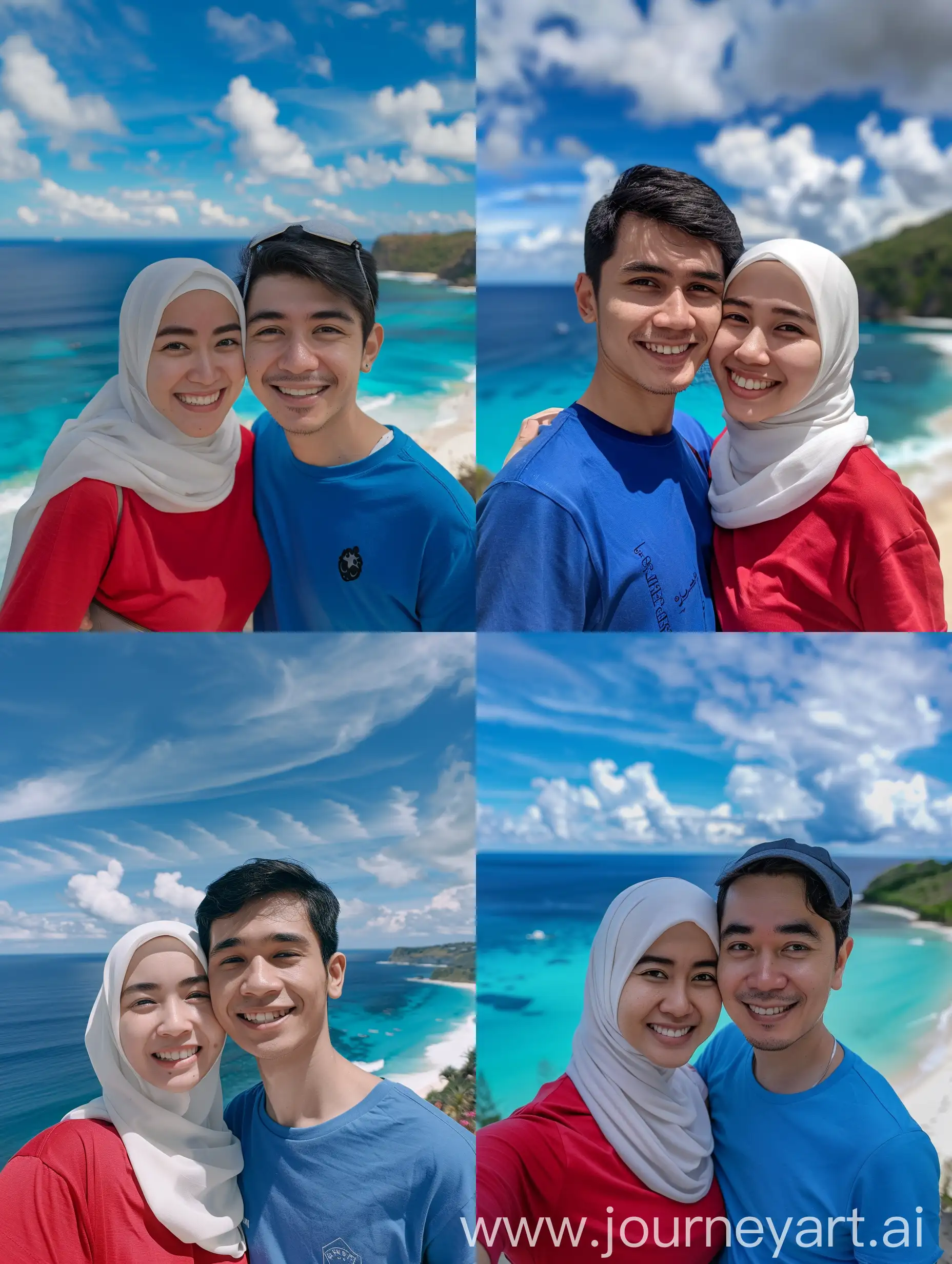 (8K, RAW Photo, Photography, Photorealistic, Realistic, Highest Quality, Intricate Detail), Medium photo of a 25 year old Indonesian woman wearing a white hijab, wearing a red t-shirt, they are smiling facing the camera, their eyes are looking at the camera, the corners of their eyes are parallel and they are hugging someone 25 year old Indonesian guy, short black hair, dressed in a blue t-shirt, they smile facing the camera, his eyes look at the camera, the corners of his eyes are parallel to the view on the beautiful beach in the afternoon, the blue sea, beautiful clouds