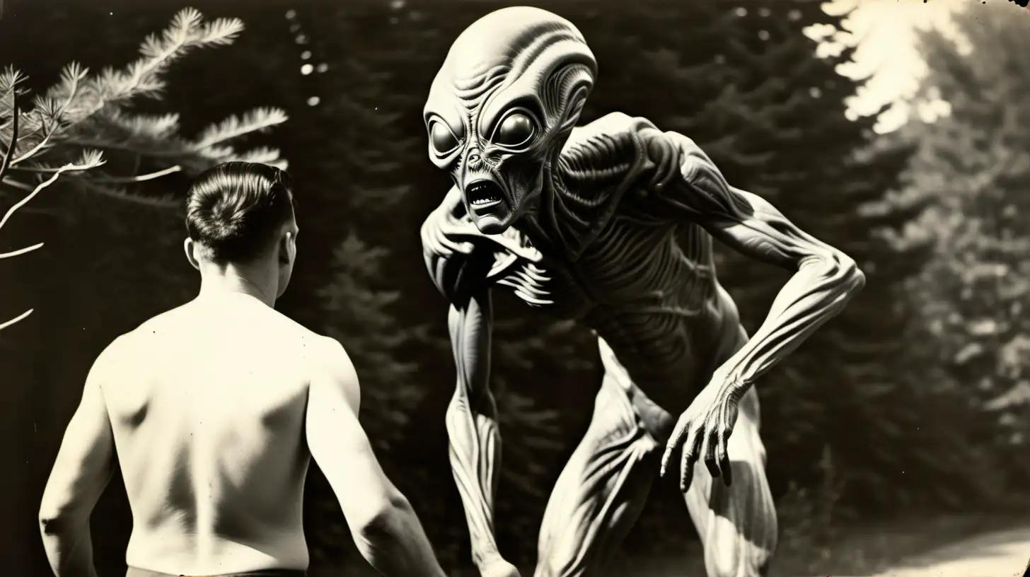 shocking photo of a giant a captured alien similar to the intruder caught by two man, black and white photo from 1947, dirty old photo, low photo quality, vintage color black monochrome palette, --style raw --ar 16:9 --v 6.0