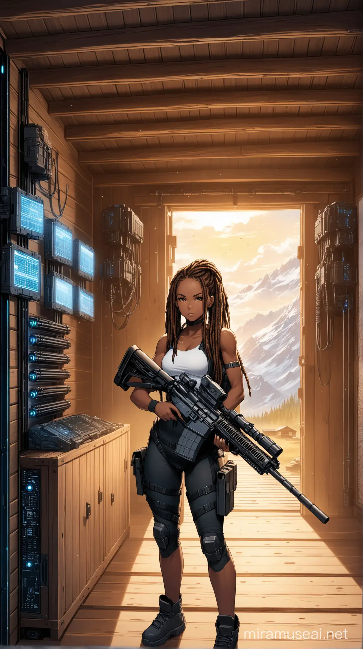 battle read black girl with dreads holding massive automatic rifle in wooden cabin surrounded by high tech equipment.